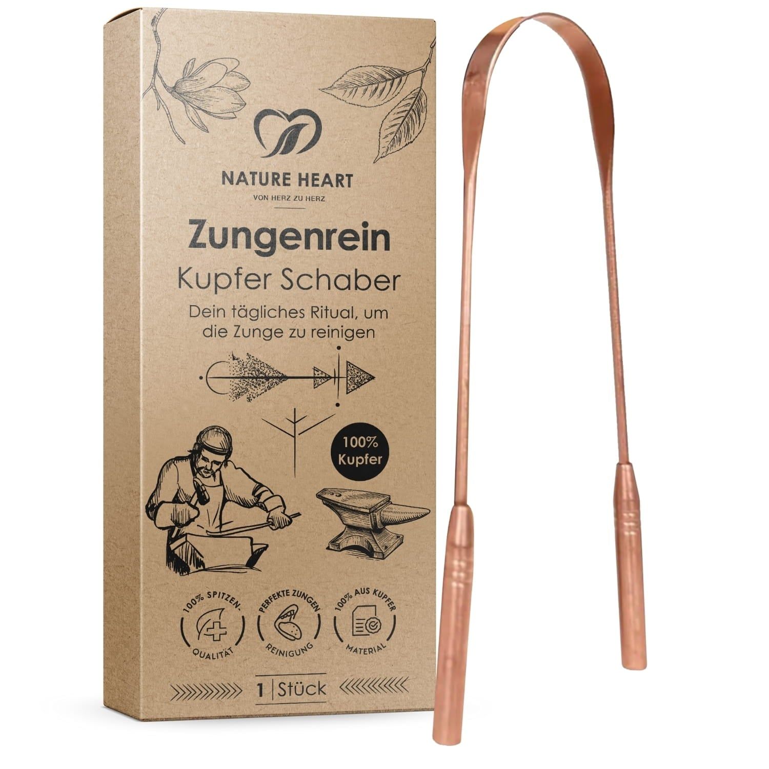 Zungenschaber aus Kupfer neben Verpackung. Verpackung mit Logo und Schriftzug "Zungenrein Kupfer Schaber".