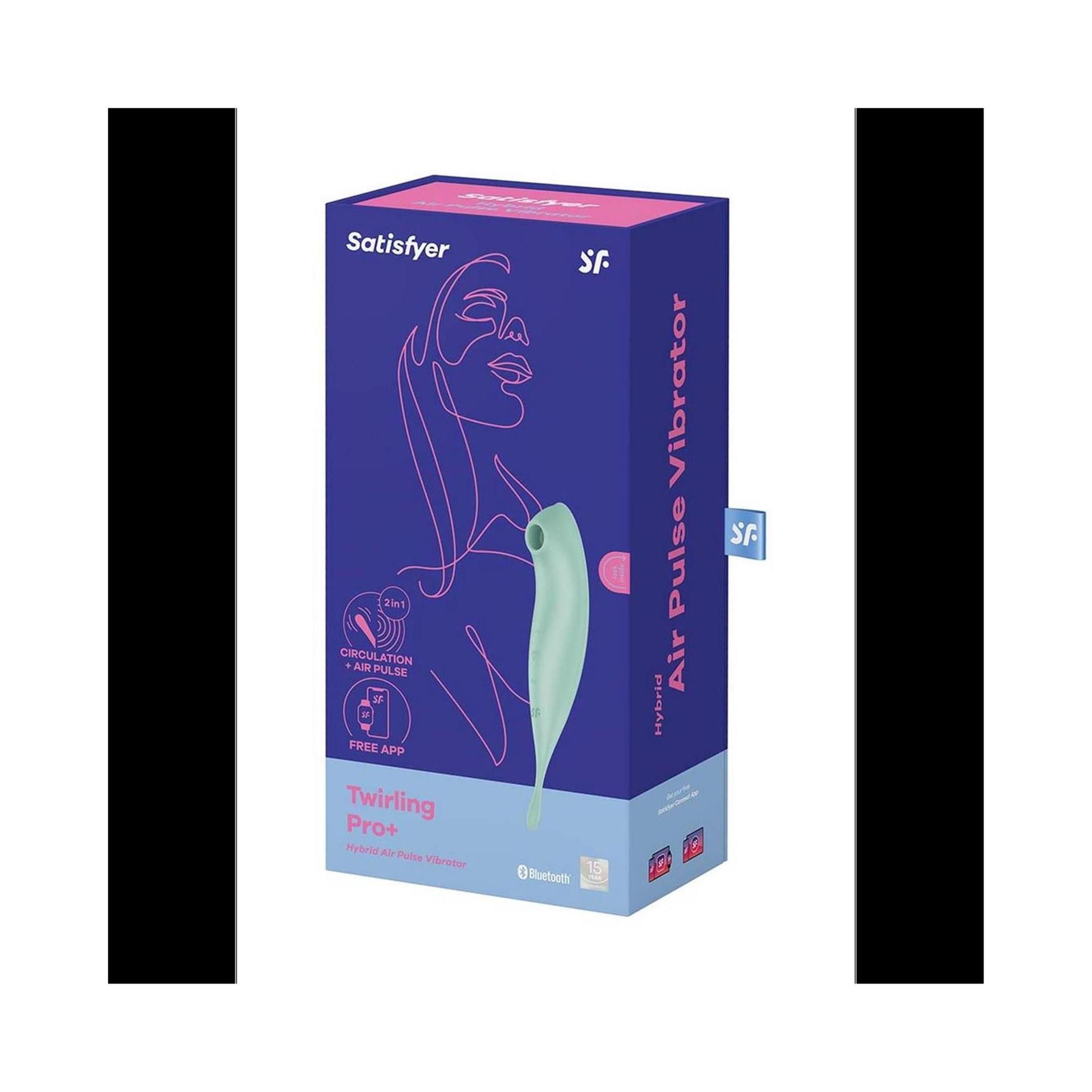 Verpackung von Satisfyer Twirling Pro+. Blau-rosa Design, Produktabbildung, Produktname, Bluetooth-Logo.