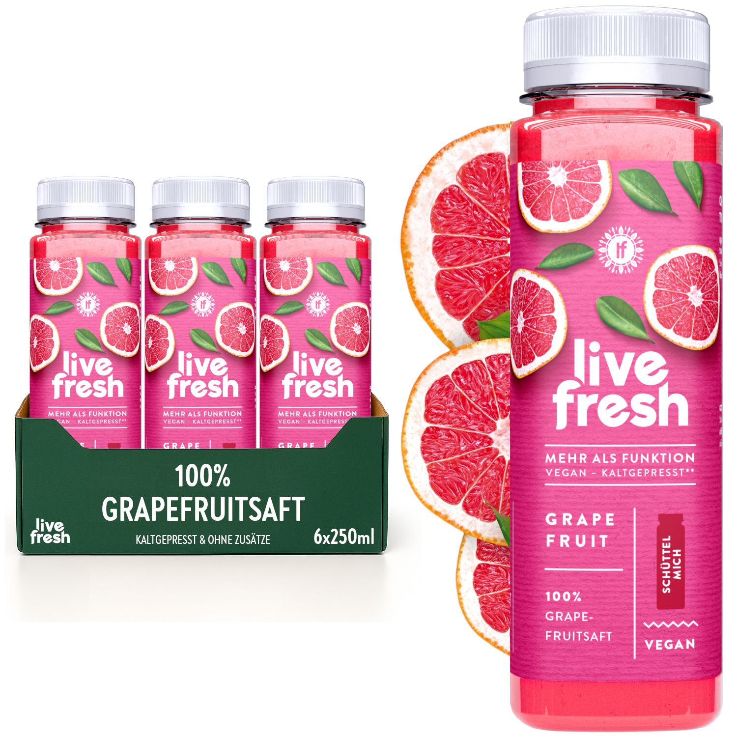 LiveFresh Grapefruitsaft. 6 Flaschen in Karton. Einzelne Flasche mit Grapefruit-Scheiben. Vegan, kaltgepresst.