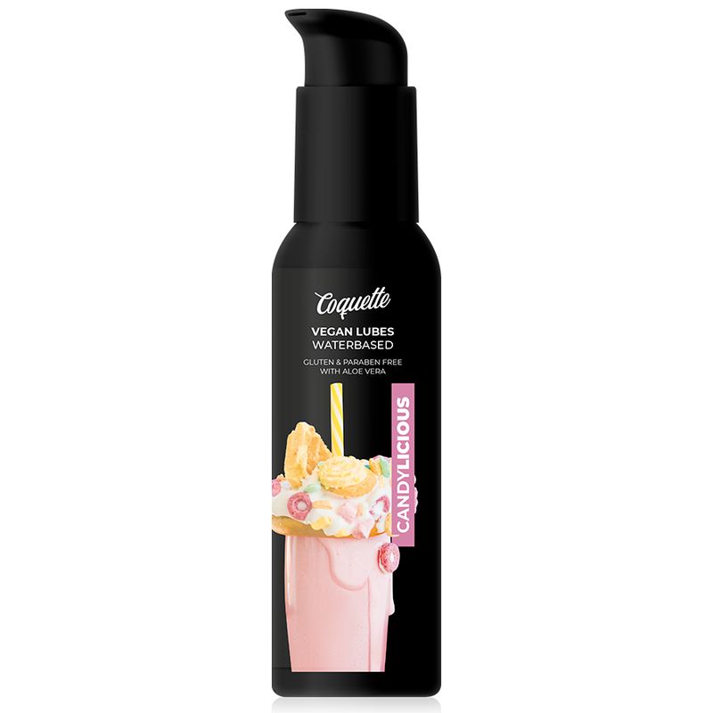 Schwarze Flasche mit Dosierpumpe. Aufschrift: Coquette, Vegan Lubes Waterbased, Candilicious. Abbildung eines Milchshakes.