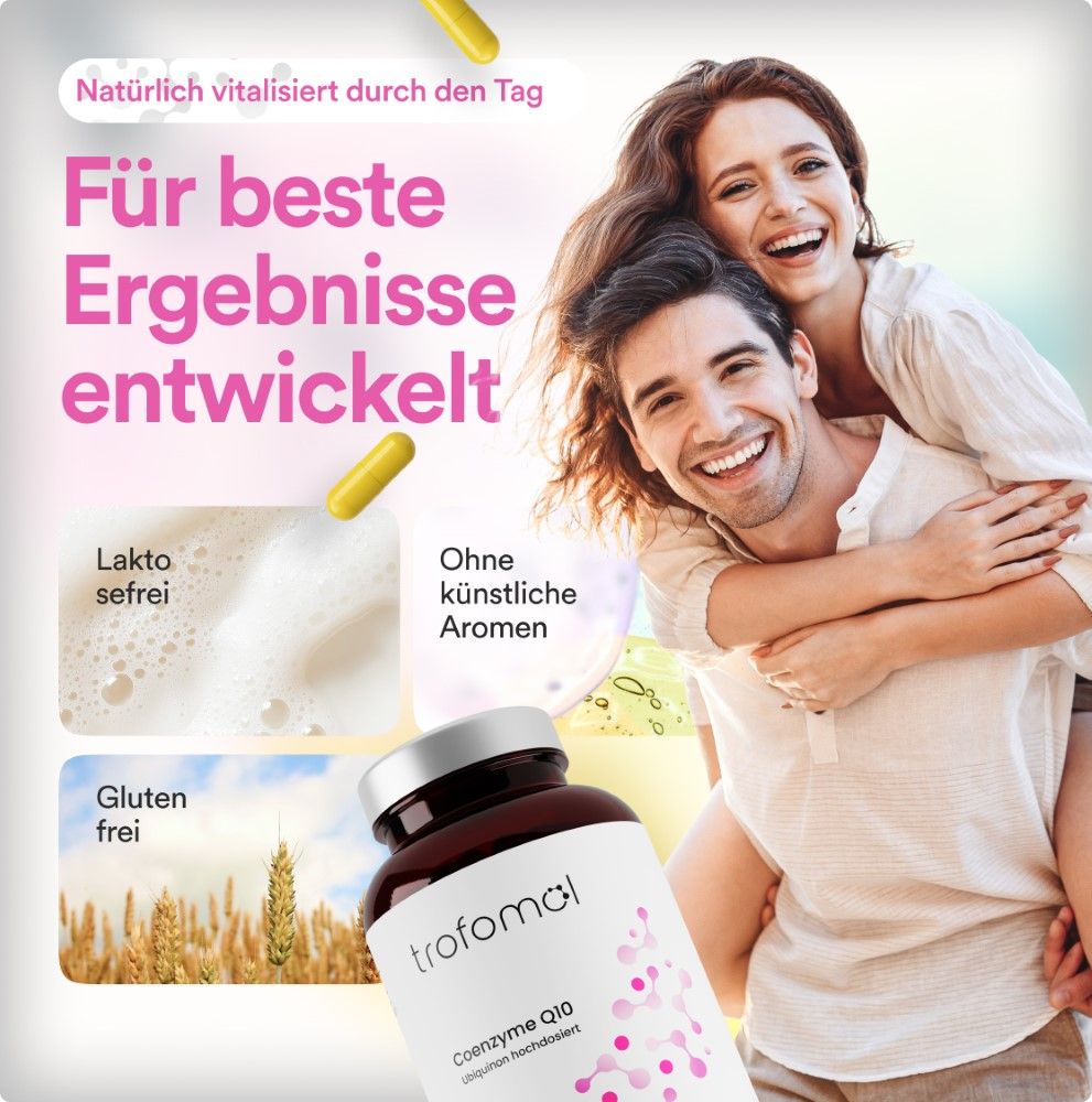 Paar umarmt sich. Text: Ohne künstliche Aromen, laktosefrei, glutenfrei. Braune Flasche mit Kapseln. Text: trofomol Coenzyme Q10.