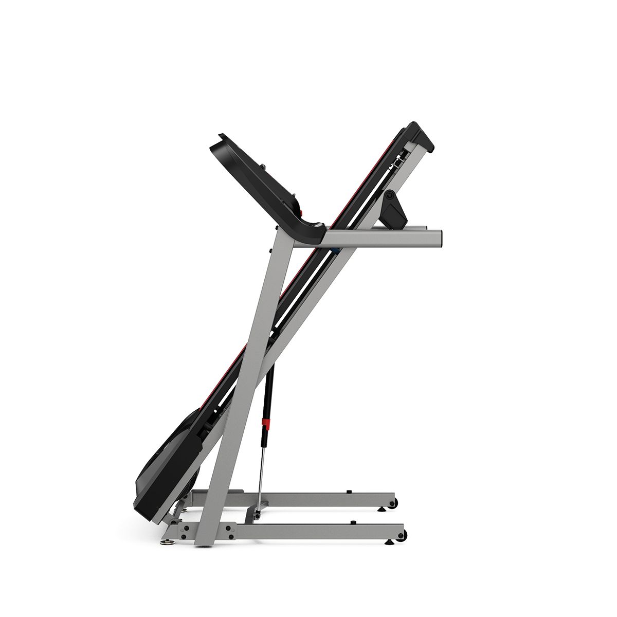 Seitenansicht eines zusammengeklappten Laufbands. Grauer Rahmen, schwarze Lauffläche und Bedienkonsole.