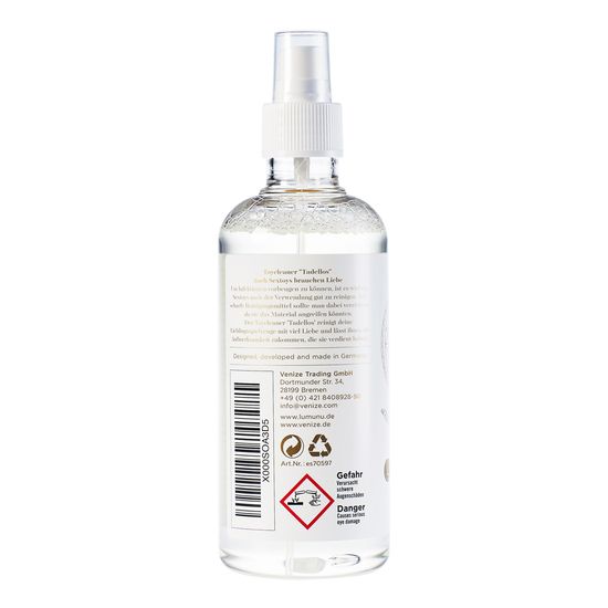 Rückseite der Flasche. Text in deutscher Sprache. Gefahrensymbol. Herstellerinformationen.