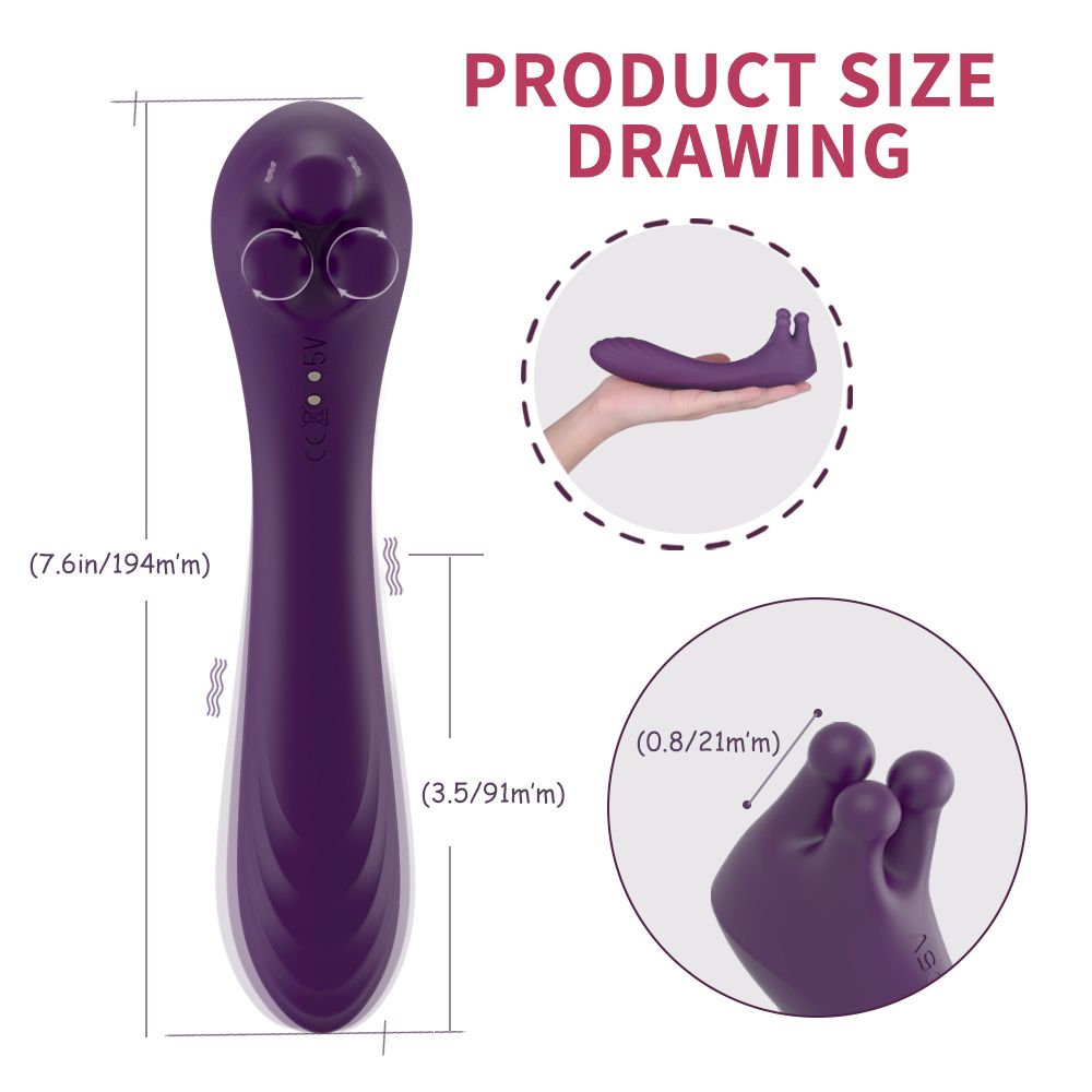 Lila Vibrator mit drei Kugeln am Kopf. Produktzeichnung mit Maßen in mm und Zoll.