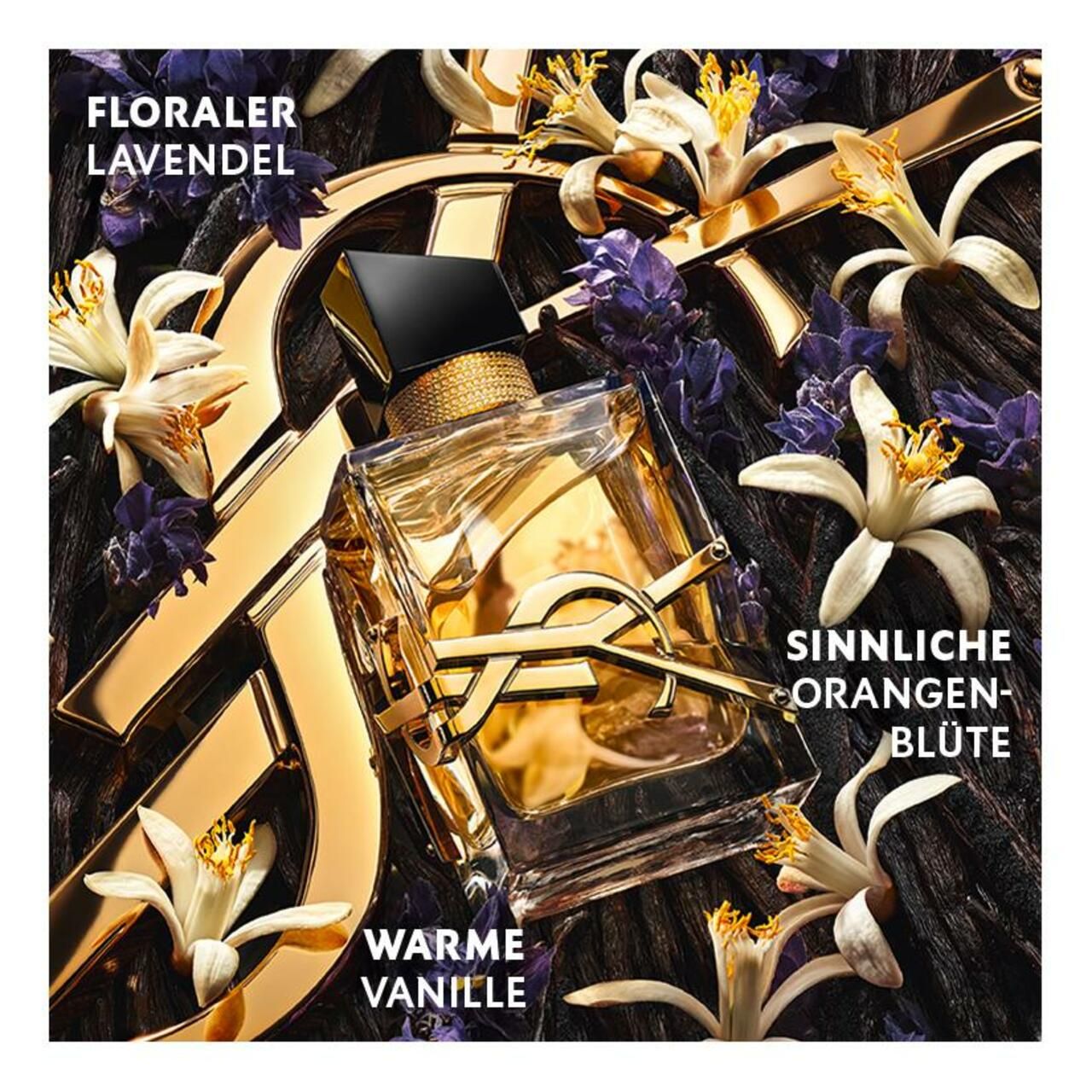 Yves Saint Laurent Libre E.d.P. Vapo, umgeben von Blüten und goldfarbenem Logo. Text: FLORALER LAVENDEL, SINNLICHE ORANGENBLÜTE, WARME VANILLE.