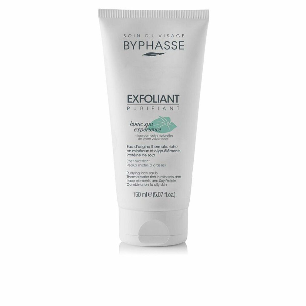 Weiße Tube mit Produktaufschrift. Text: BYPHASSE, EXFOLIANT PURIFIANT, home spa experience. Enthält Mineralien und Spurenelemente. Für fettige Haut.