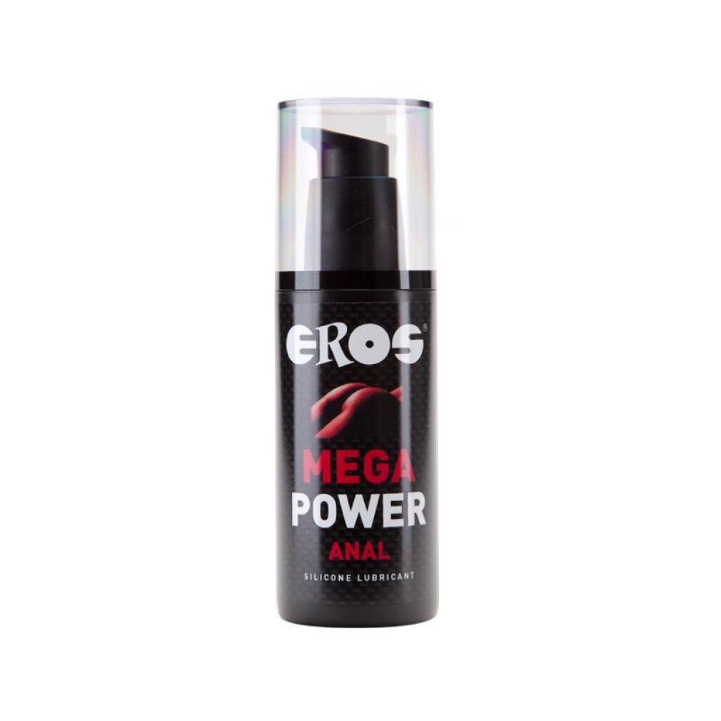 Eros Mega Power Anal Gleitgel mit Pumpspender. Schwarze Flasche mit silbernem Logo und rotem Schriftzug.