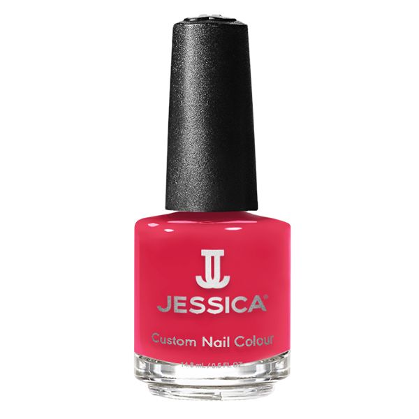 Rote Nagellackflasche mit schwarzem Deckel. Aufschrift: JESSICA Custom Nail Colour.
