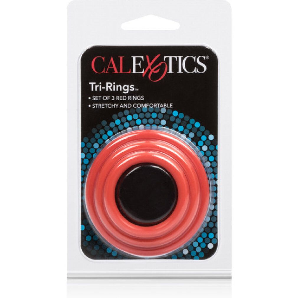 Verpackung mit drei roten Ringen. Produktname und Logo.