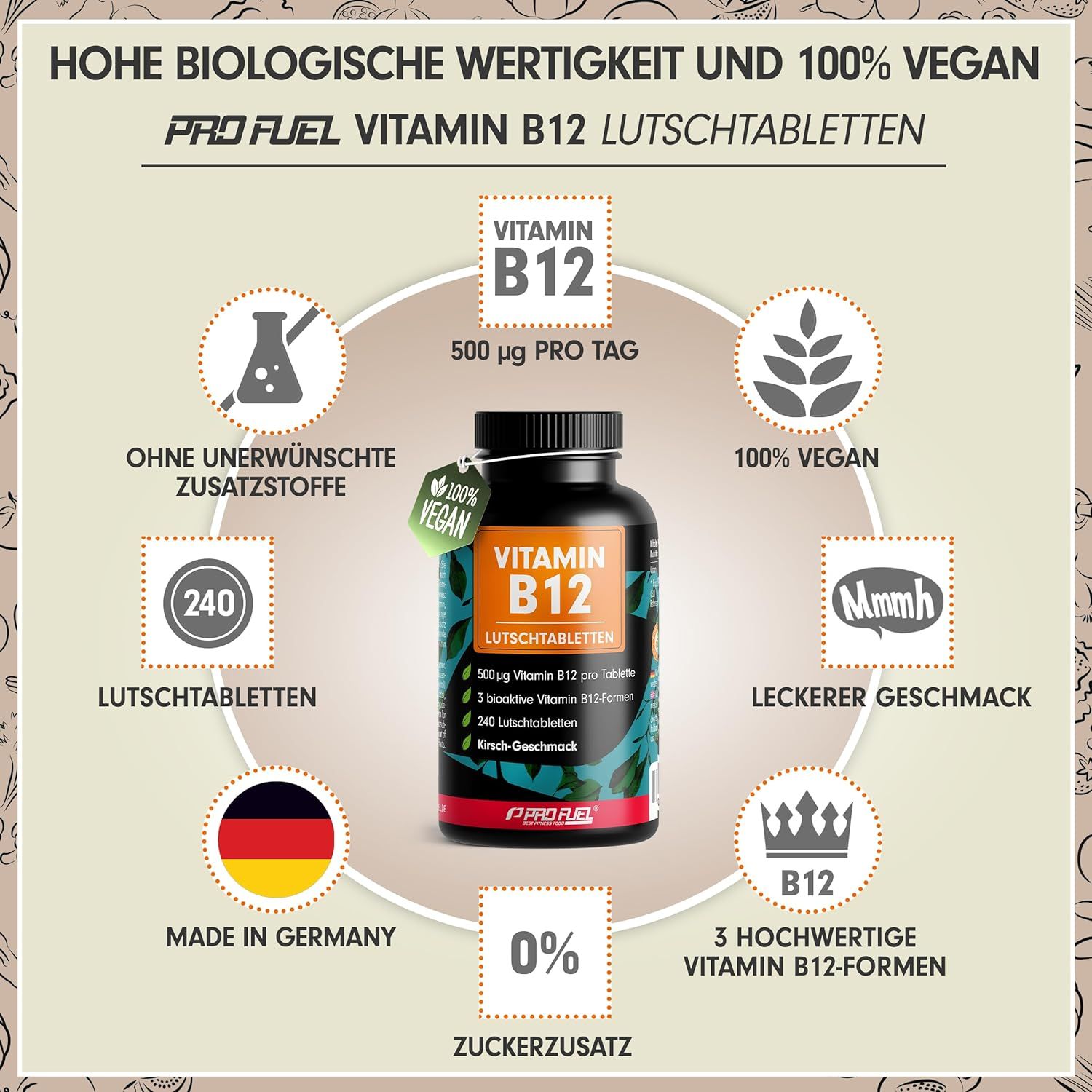 Produktabbildung mit Vitamin B12 Lutschtabletten. Informationen zu Inhaltsstoffen, veganem Siegel, Herkunft Deutschland und zuckerfrei.