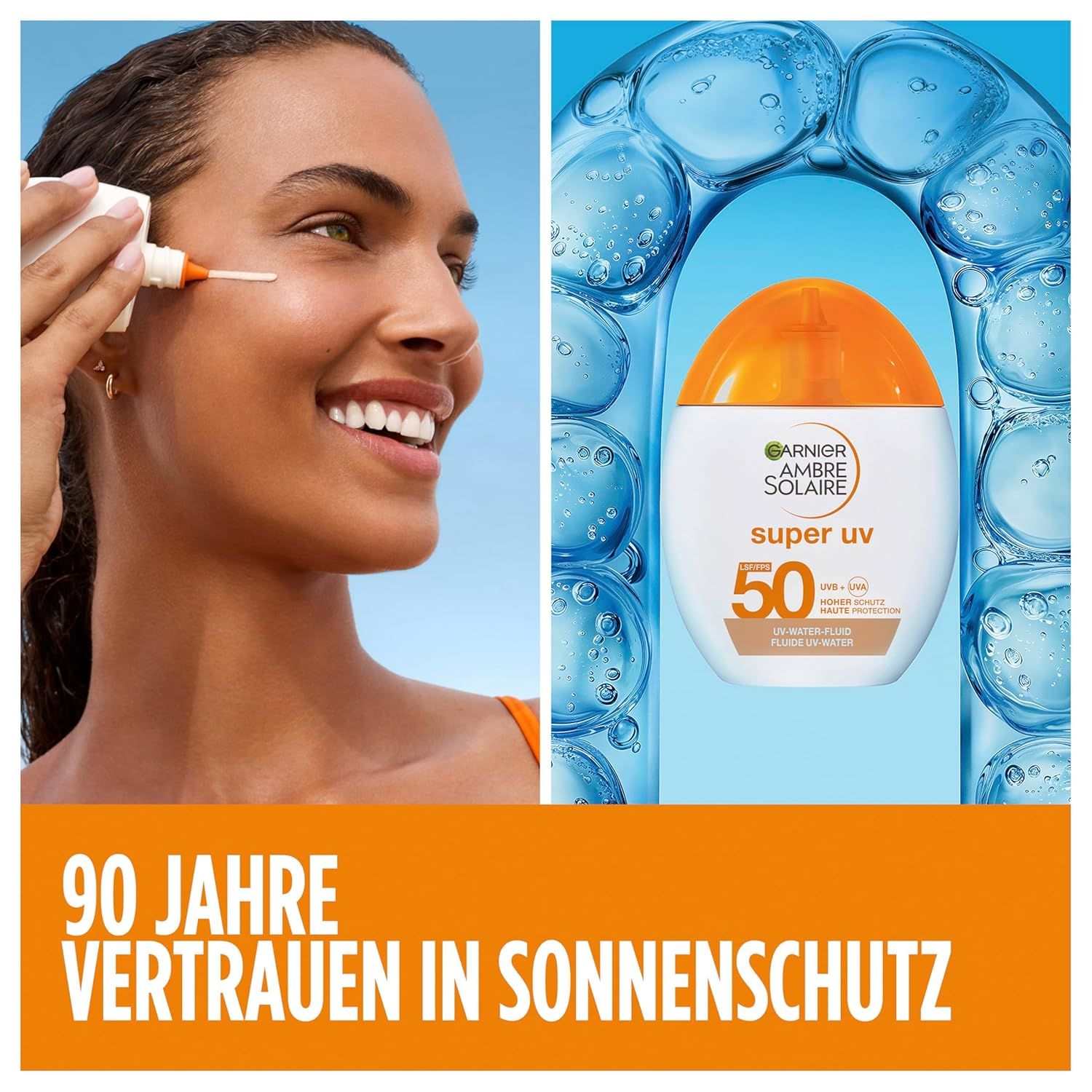 Frau trägt Produkt auf. Flasche daneben. Text: 90 Jahre Vertrauen in Sonnenschutz. Garnier Ambre Solaire Super UV.