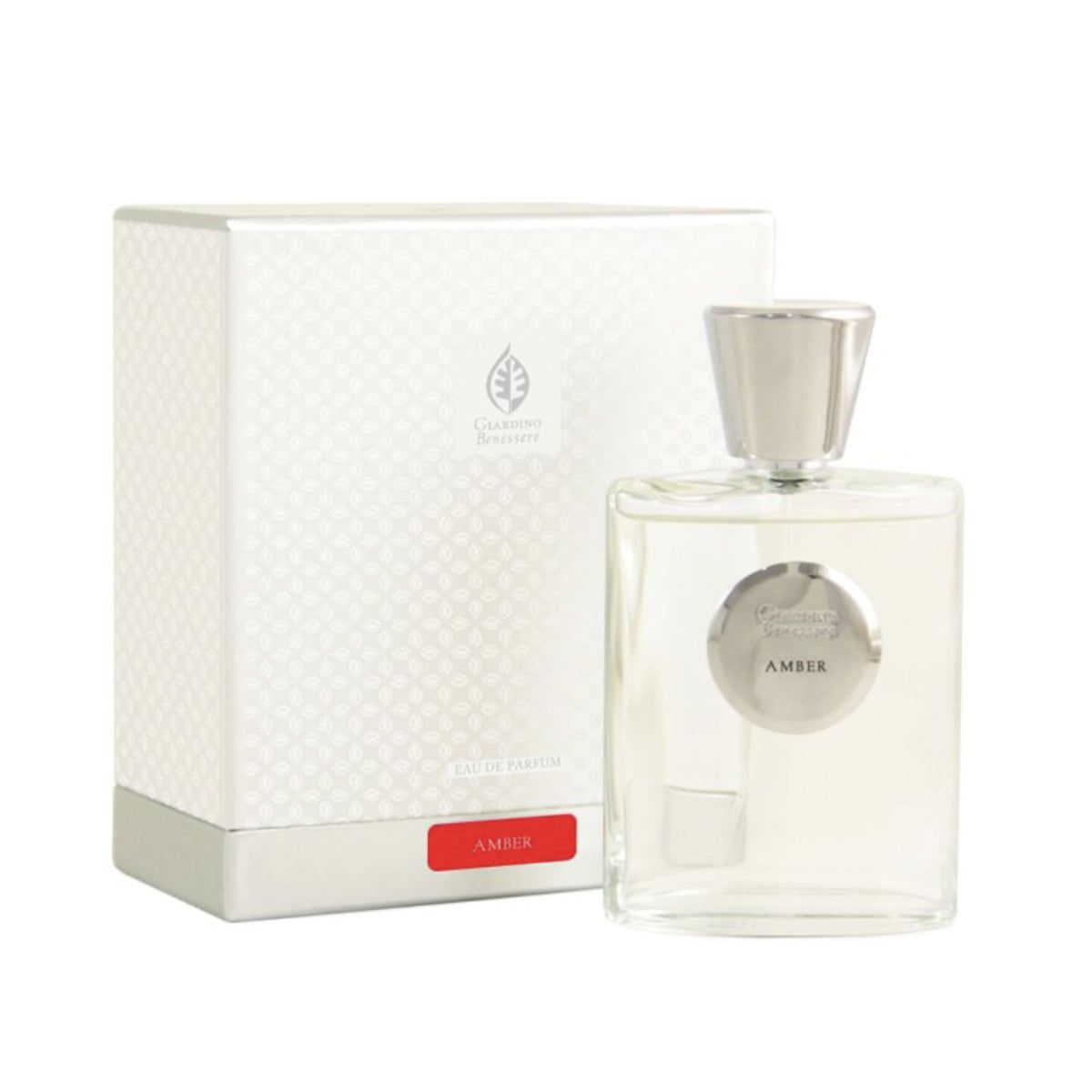 Parfümflasche neben weißer Schachtel. Auf der Schachtel steht "Giardino Benessere". Auf dem Etikett steht "AMBER".