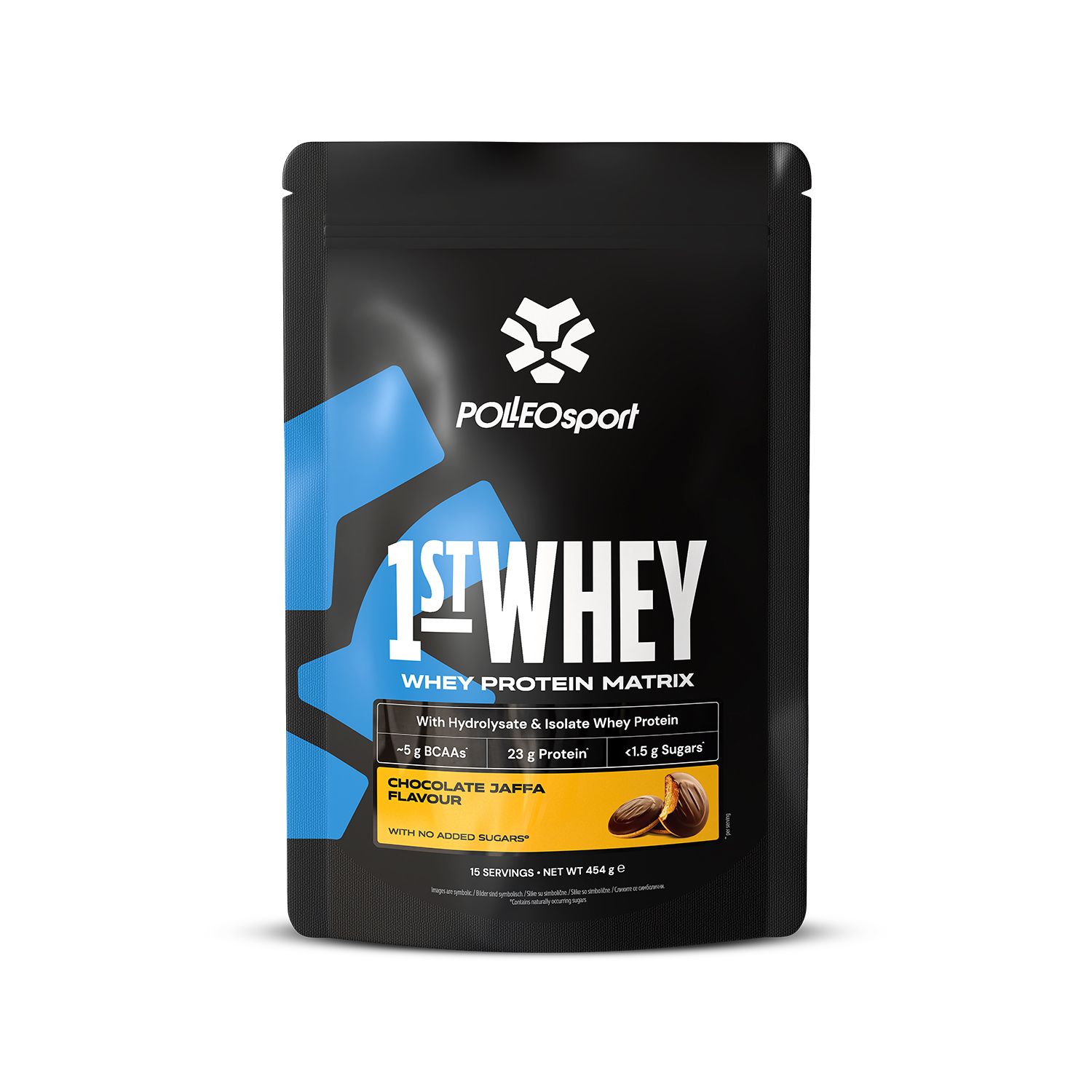 Schwarzer Beutel mit Aufschrift 1ST:WHEY. Enthält 23g Protein. Abbildung von Schokolade. Marke PolleoSport.