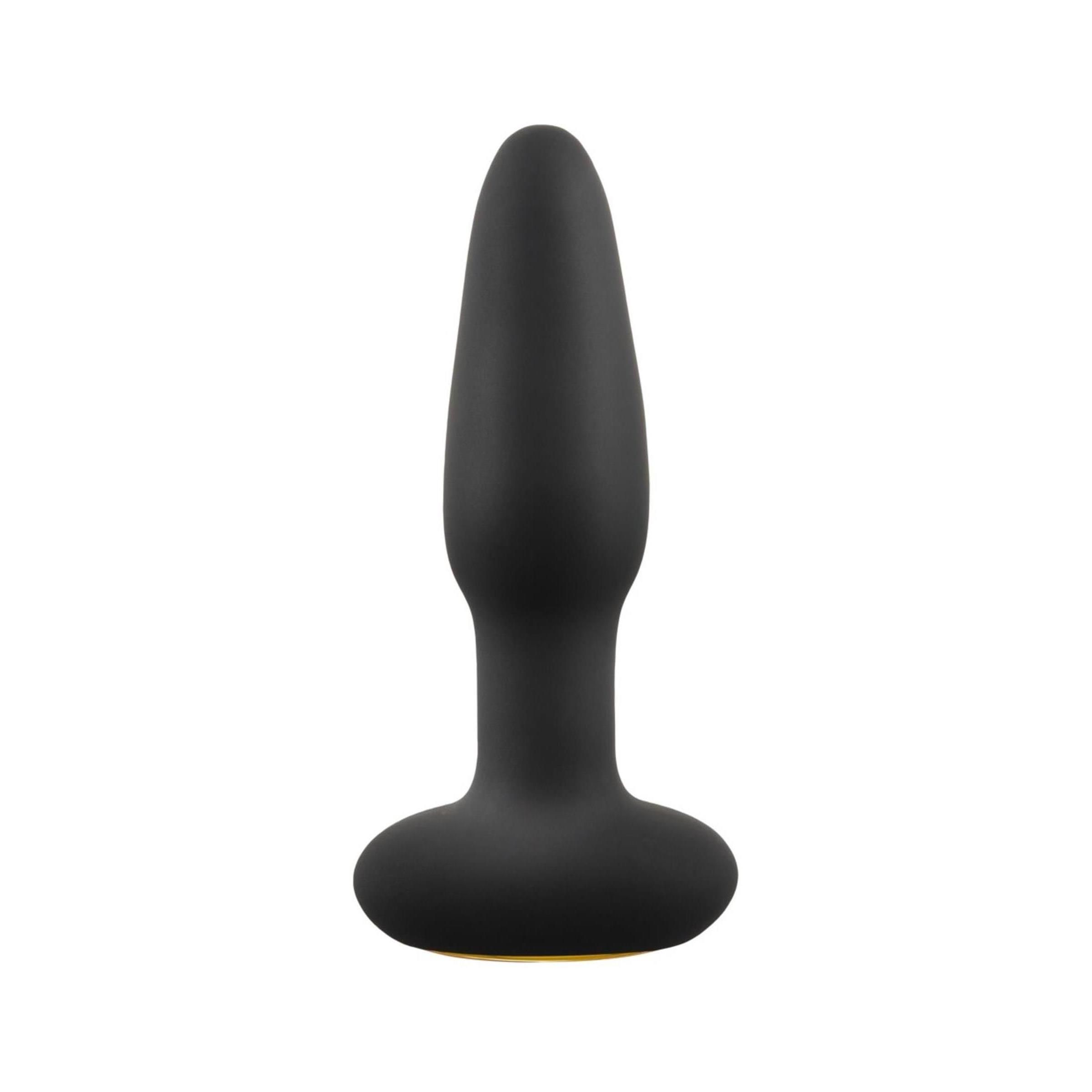 Schwarzer Analplug mit konischer Spitze und breiter Basis. Glatte Oberfläche, freistehend.