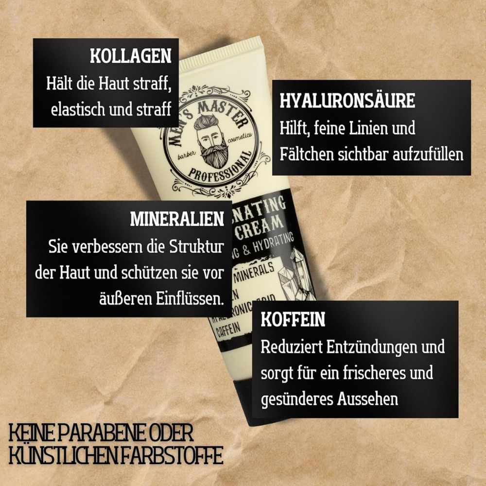 Creme-Tube und Textfelder. Aufschrift: Men's Master Professional. Text: Kollagen, Hyaluronsäure, Mineralien, Koffein.