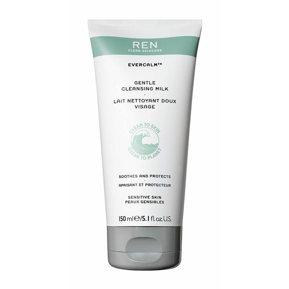 Weiß-grüne Tube mit Produktbezeichnung und Text. Aufschrift: EVERCALM Gentle Cleansing Milk. 150 ml.