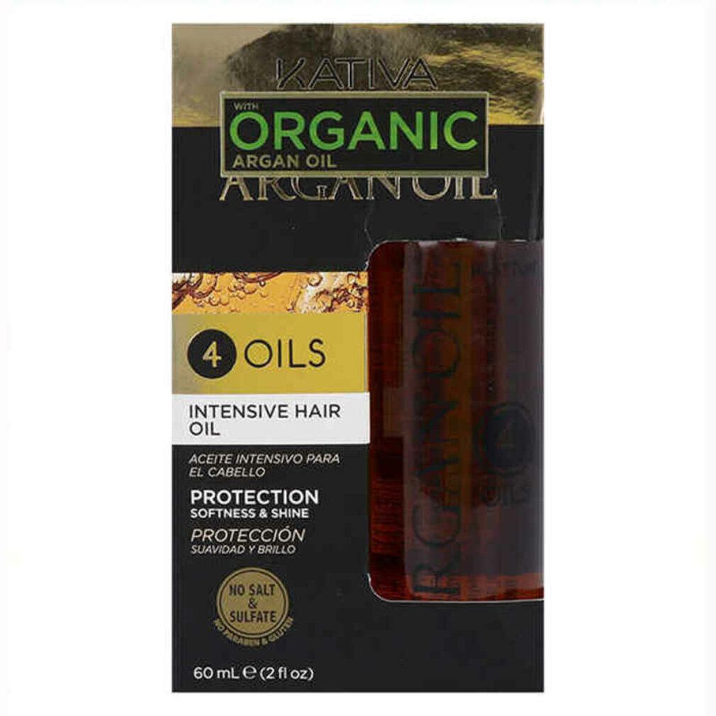 Kativa Argan Oil 4 Oils Intense Hair Oil. Produktverpackung mit Flasche. Schwarze Verpackung mit Produktinformationen. Braune Flasche mit gelber Flüssigkeit.