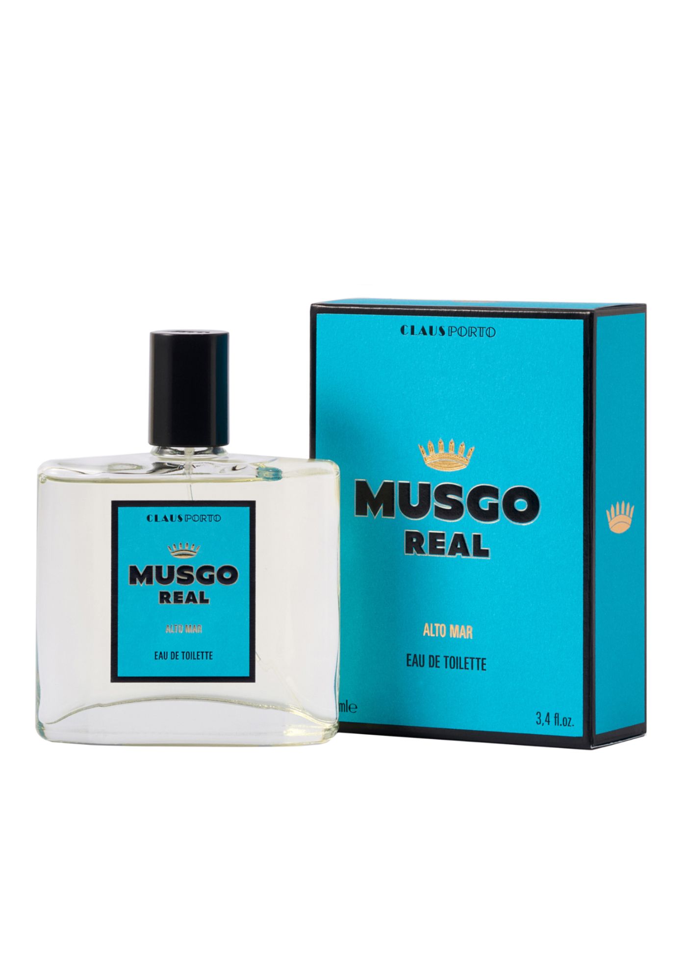 Flakon und Schachtel. Aufschrift: MUSGO REAL ALTO MAR EAU DE TOILETTE. Türkisfarbene Schachtel mit goldenem Logo. Flakon mit schwarzem Verschluss.