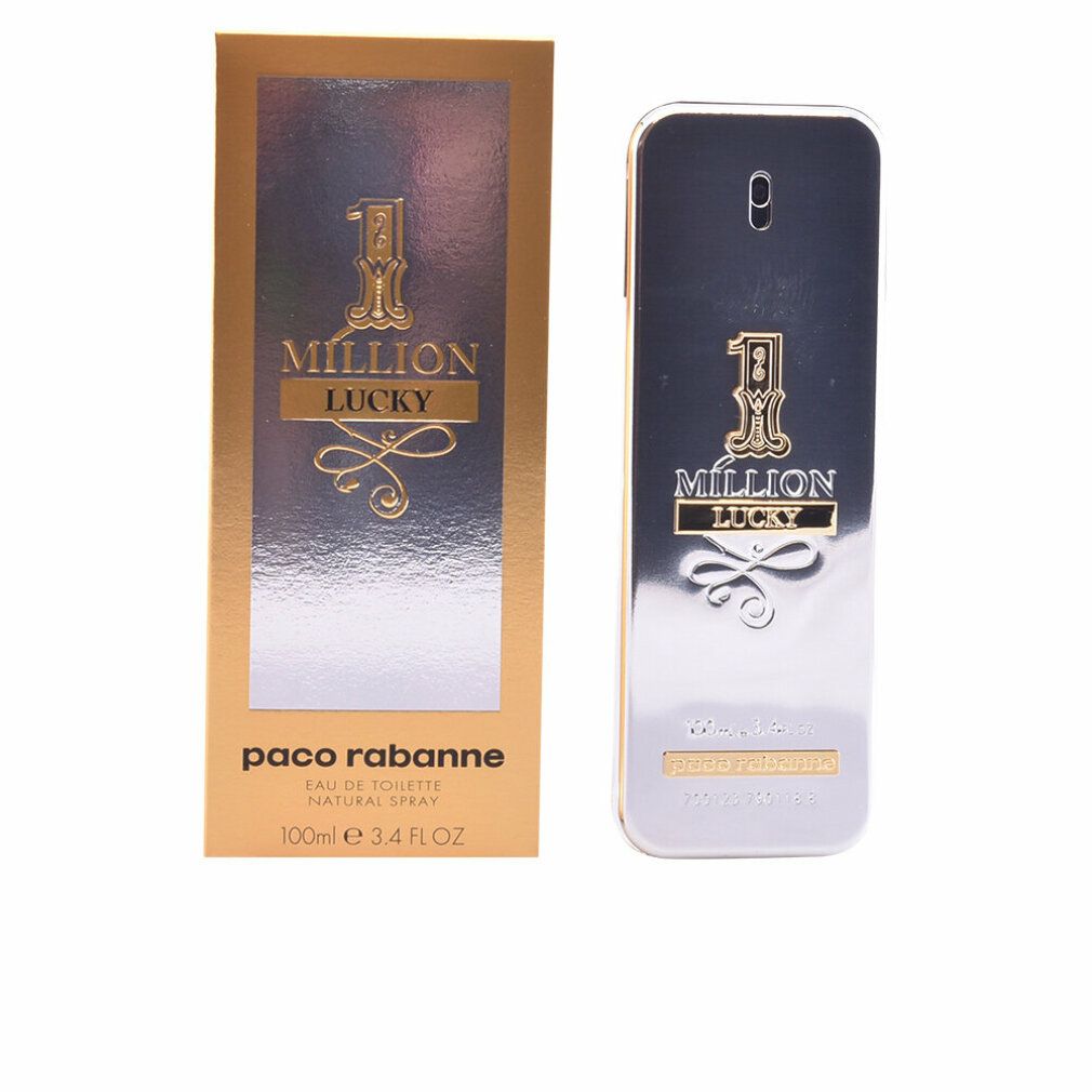Goldfarbene Verpackung und silberne Flasche. Aufschrift: 1 Million Lucky. Unten: Paco Rabanne. 100ml.