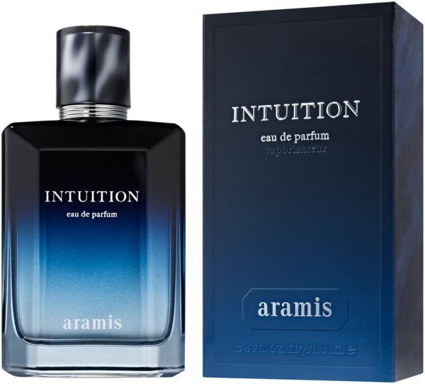 Dunkelblaue Flasche und Schachtel. Aufschrift: Intuition Eau de Parfum, Aramis. Flakon mit silbernem Verschluss.
