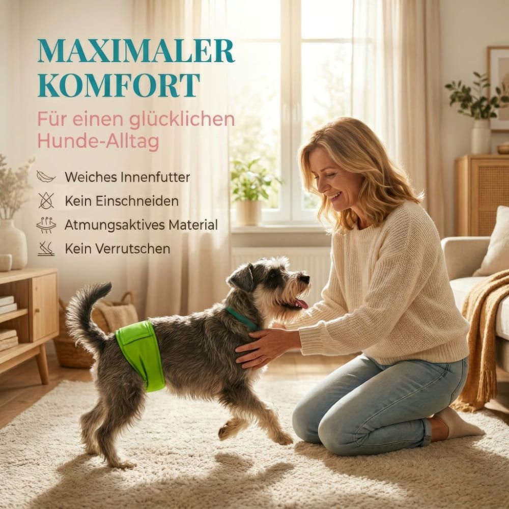 Frau und Hund mit grüner Windel. Text: Maximaler Komfort. Weiches Innenfutter. Atmungsaktives Material.