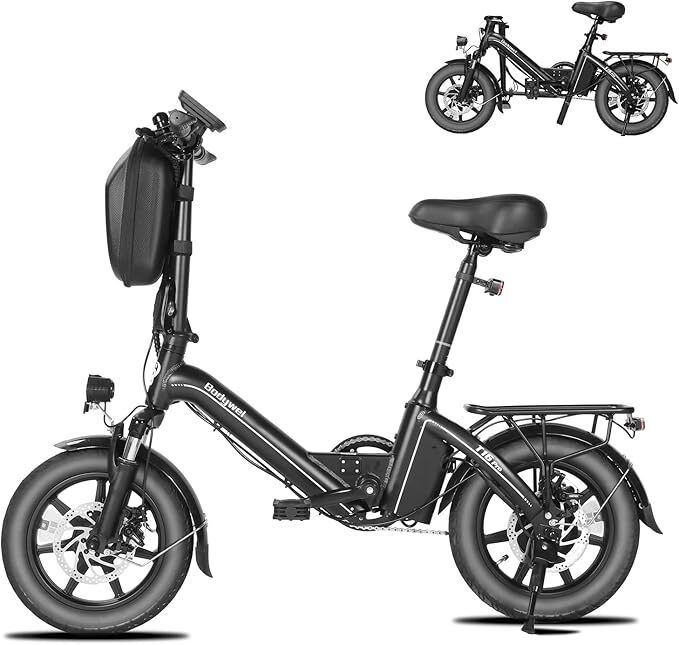 Schwarzes, zusammenklappbares Elektrofahrrad. Ansicht von der Seite mit einem kleineren Bild oben rechts.