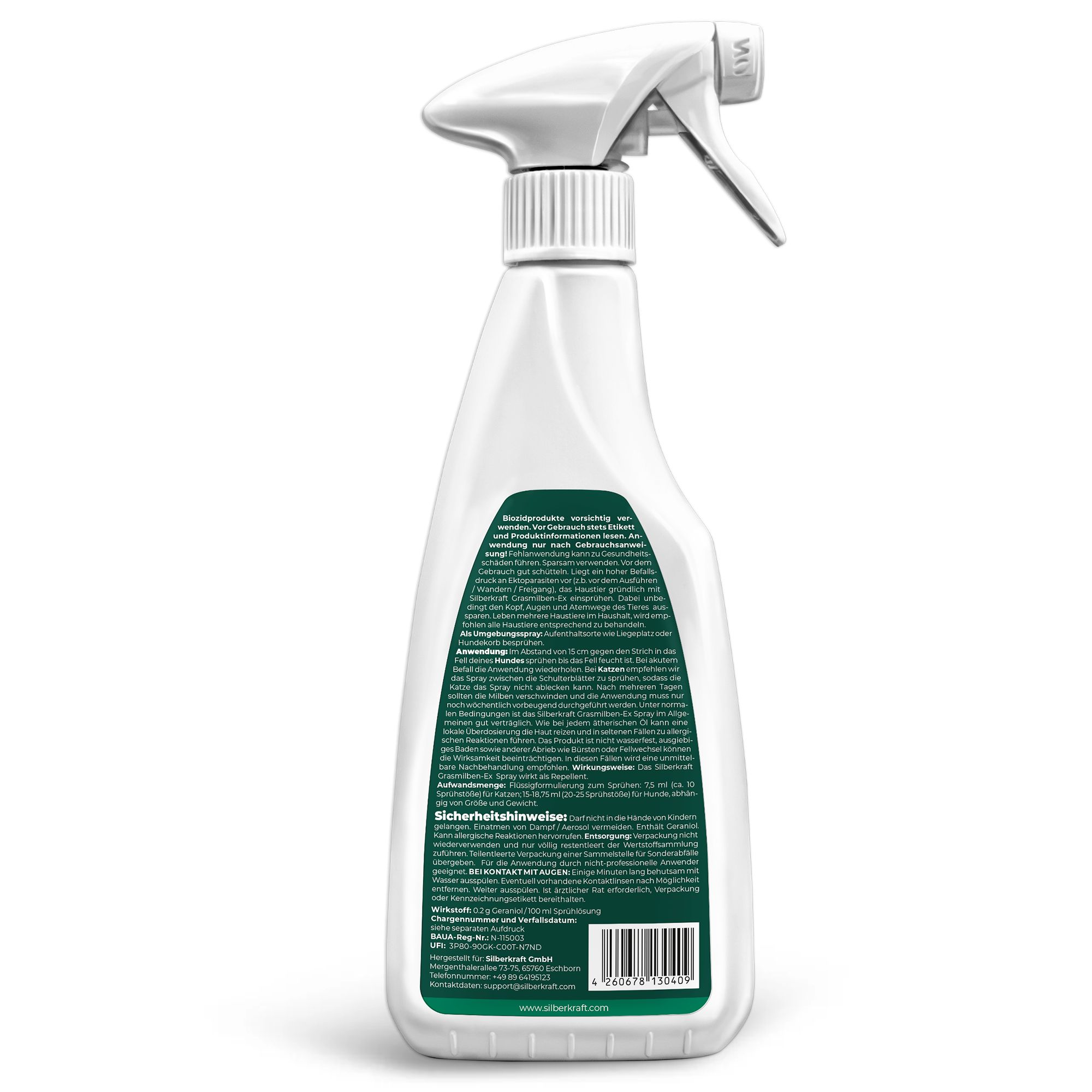 Rückseite der Sprühflasche. Text: Anwendungshinweise, Sicherheitsvorkehrungen, Inhaltsstoffe, Herstellerinformationen. Produkt: SILBERKRAFT Grasmilben-Ex Spray.