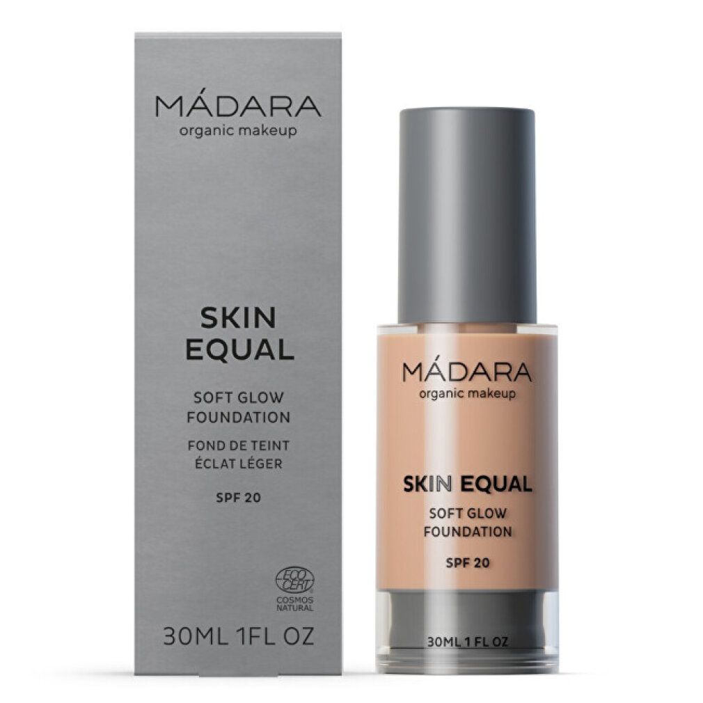 Madara Skin Equal Foundation, Flasche und Verpackung. Skin Equal, Soft Glow Foundation, SPF 20. 30ml/1 fl.oz.