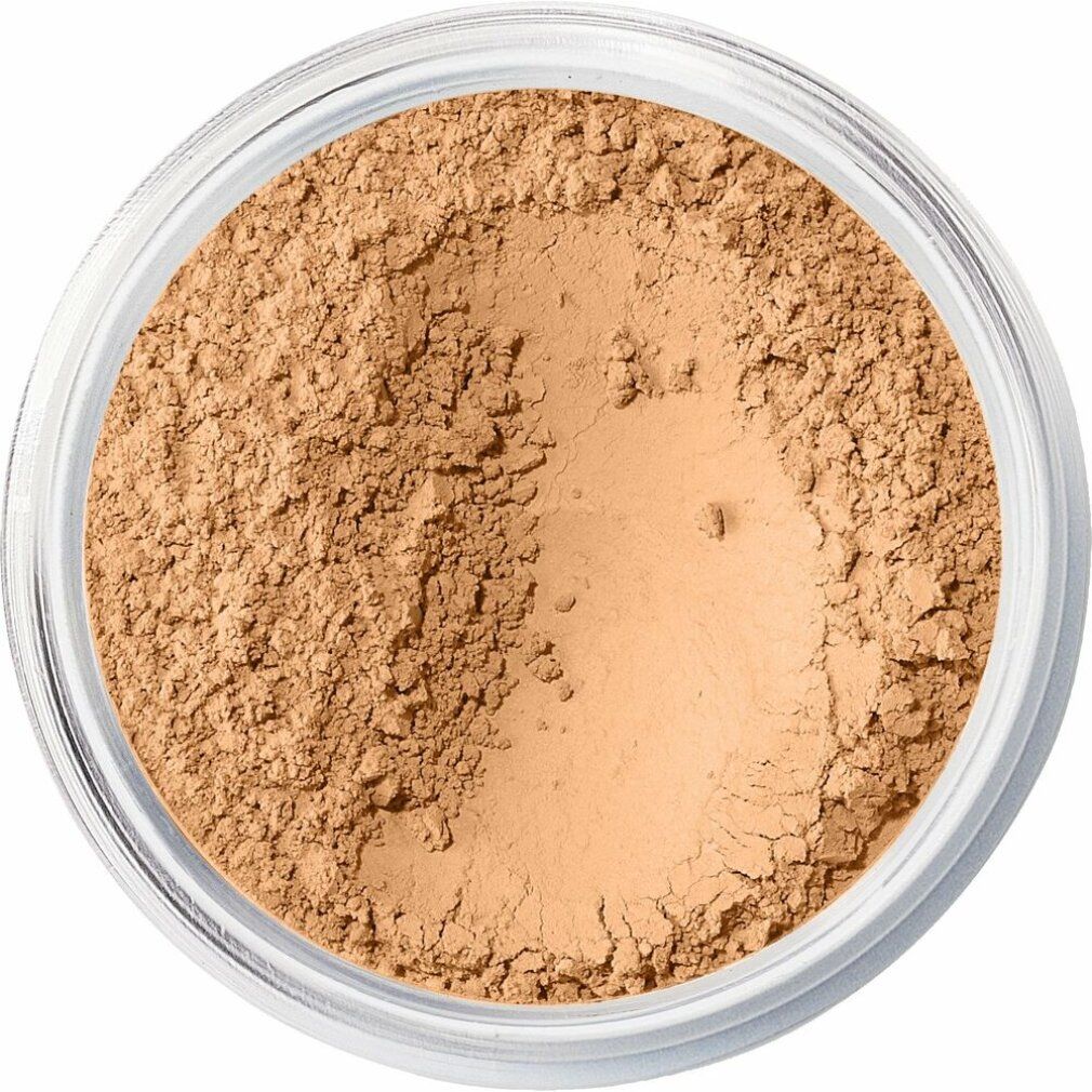 Offene Dose BareMinerals Original Foundation. Deckel daneben. Text: bareMinerals ORIGINAL. Helles Puder. Dose aus transparentem Kunststoff.