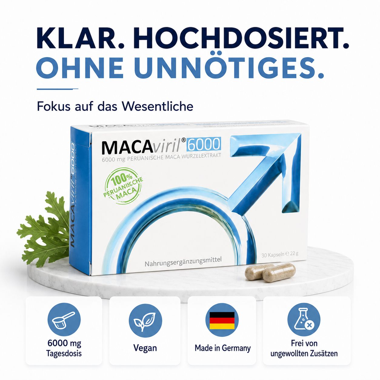 MACAviril 6000® Packung mit 6000mg Tagesdosis, vegan, Made in Germany, frei von Zusätzen.