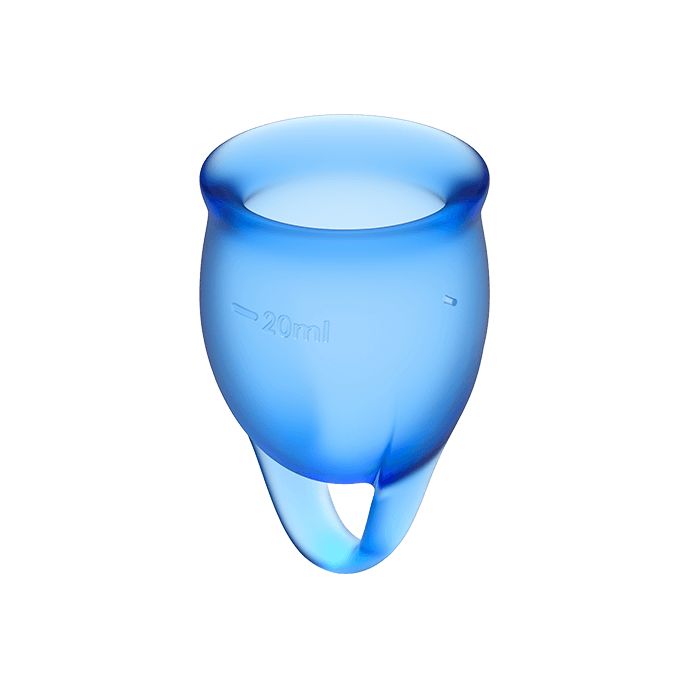 Blaue Menstruationstasse mit Ring. Fassungsvermögen: 20ml.