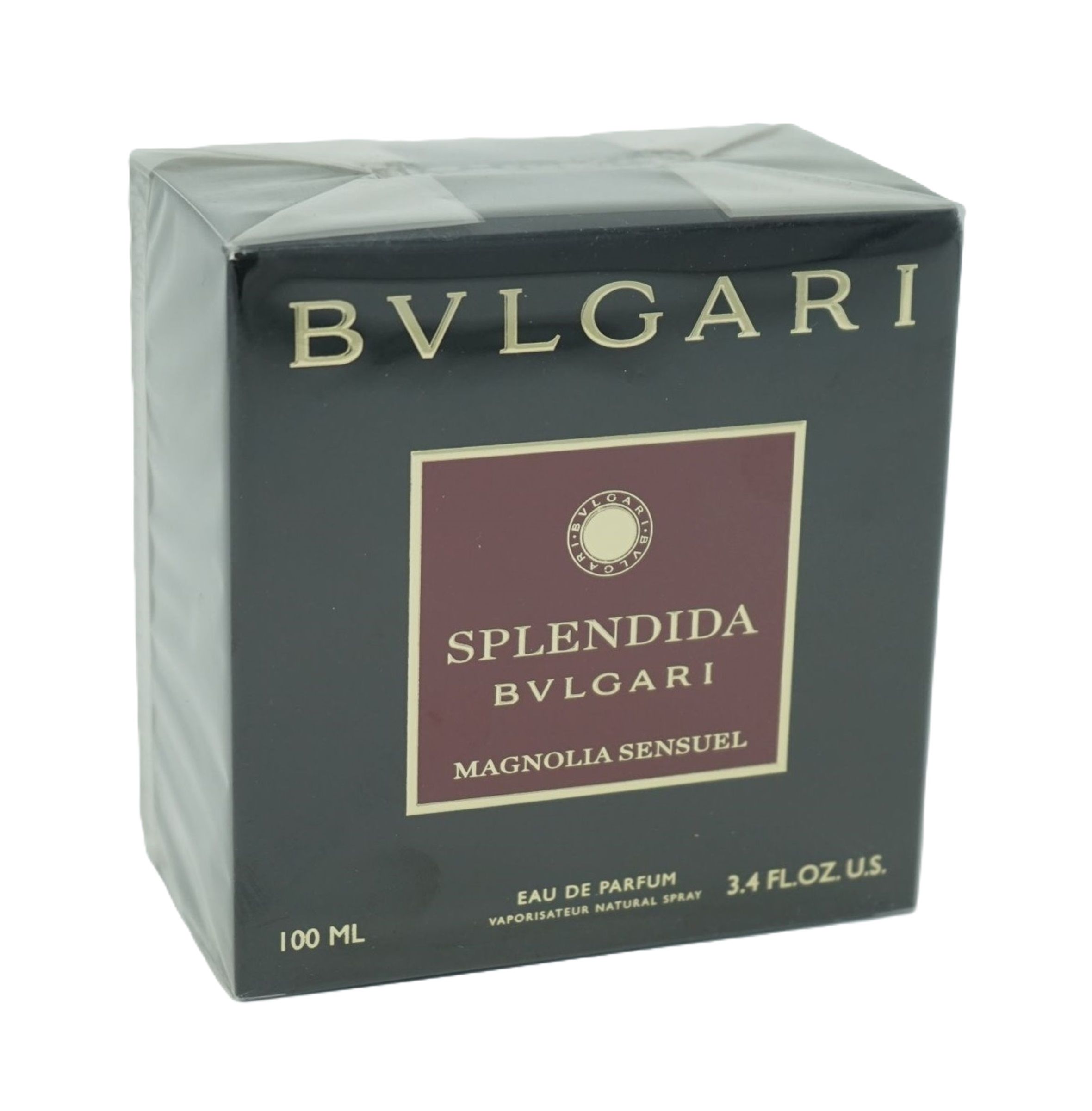 Schwarzer Karton mit Bvlgari-Logo und Aufschrift Splendida Bvlgari Magnolia Sensuel. 100 ml Flasche.