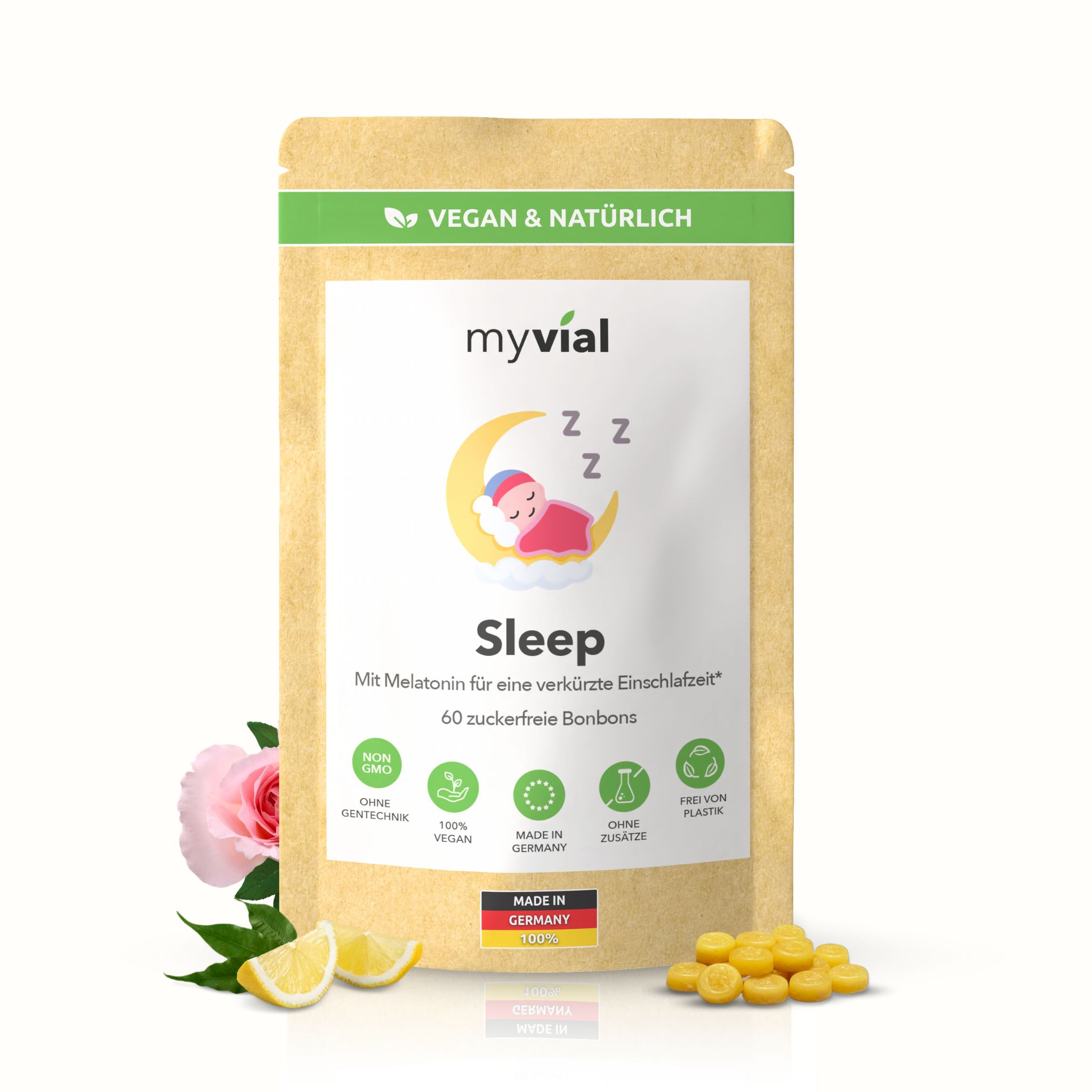 myvial® Sleep Melatonin Bonbons - zuckerfrei & vegan mit Safran Rosenöl 60 St