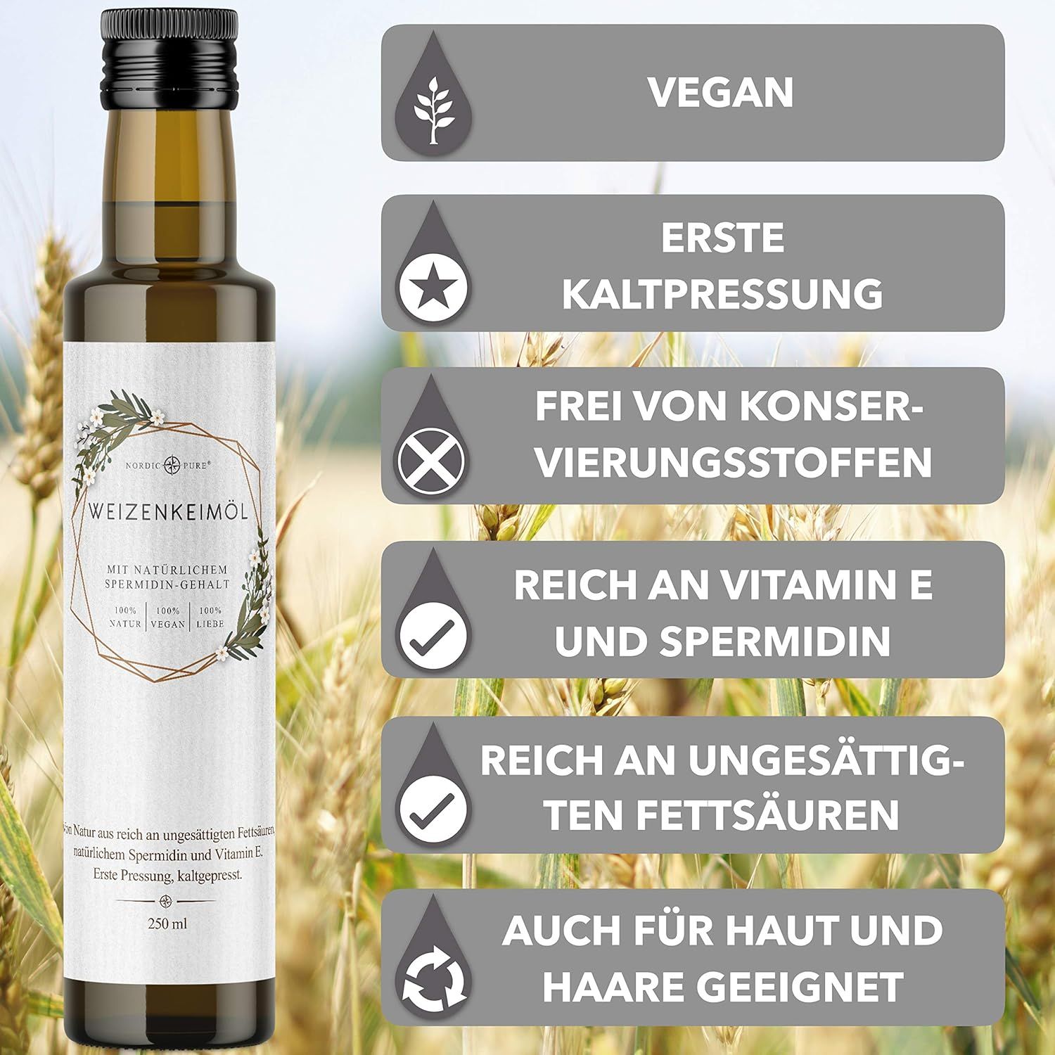 Braune Glasflasche mit Etikett. Text: Weizenkeimöl, vegan, erste Kaltpressung, frei von Konservierungsstoffen, reich an Vitamin E & Spermidin.