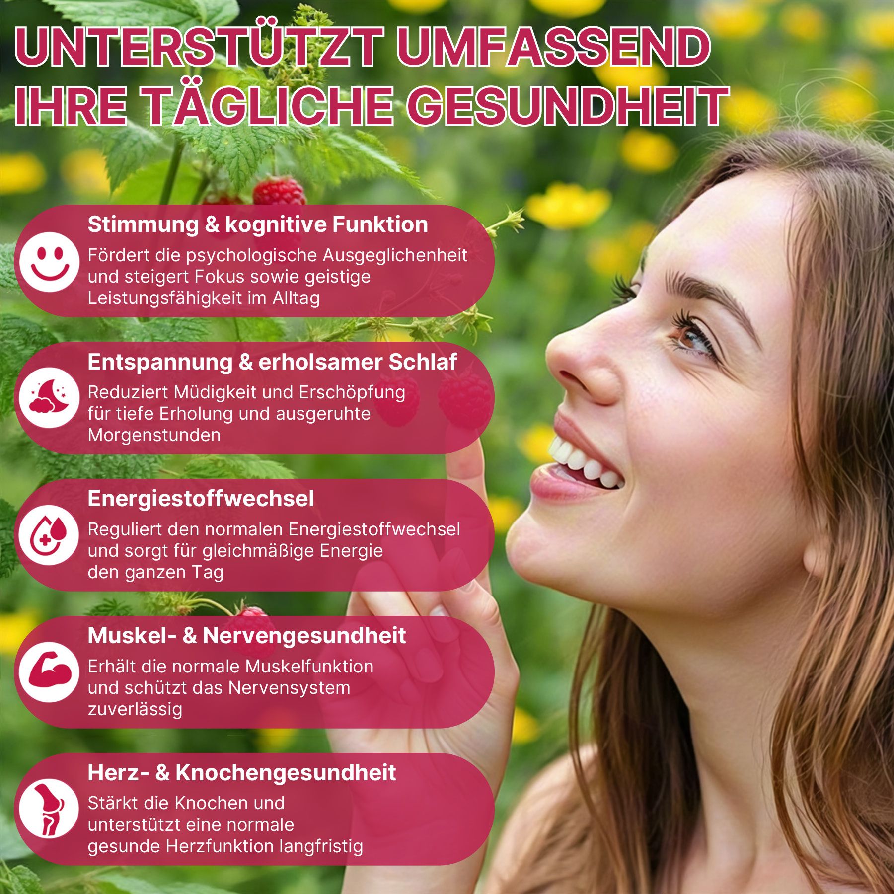 Frau lächelt, umgeben von Pflanzen. Daneben Infoboxen zu Gesundheitsthemen wie Stimmung, Schlaf und Energie.