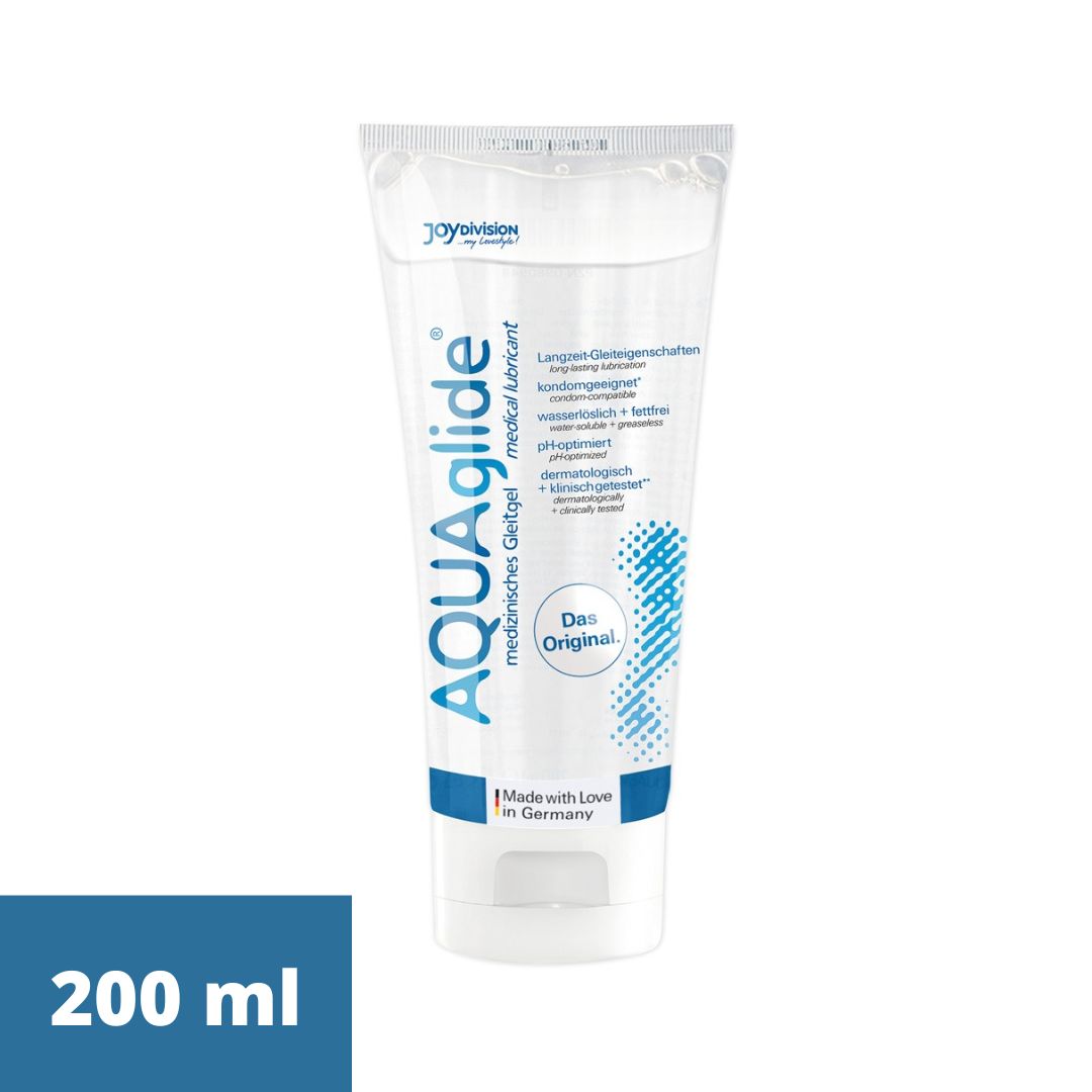Transparentes Gel in Tube. Aufschrift AQUAglide, medizinischer Gleitgel. 200 ml. Made in Germany.