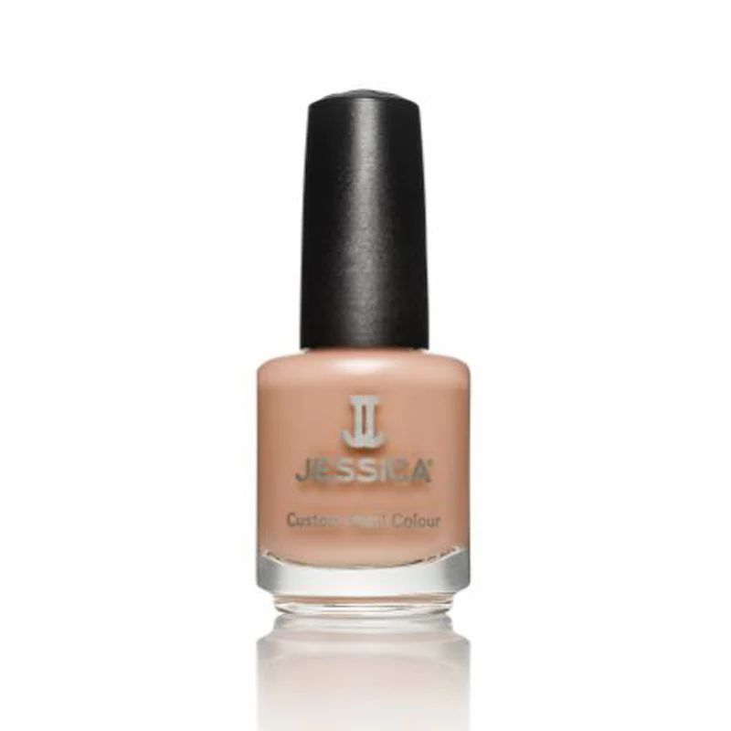 Nagellackflasche mit beigefarbener Flüssigkeit und schwarzem Deckel. Auf der Flasche steht "JESSICA Custom Nail Colour".