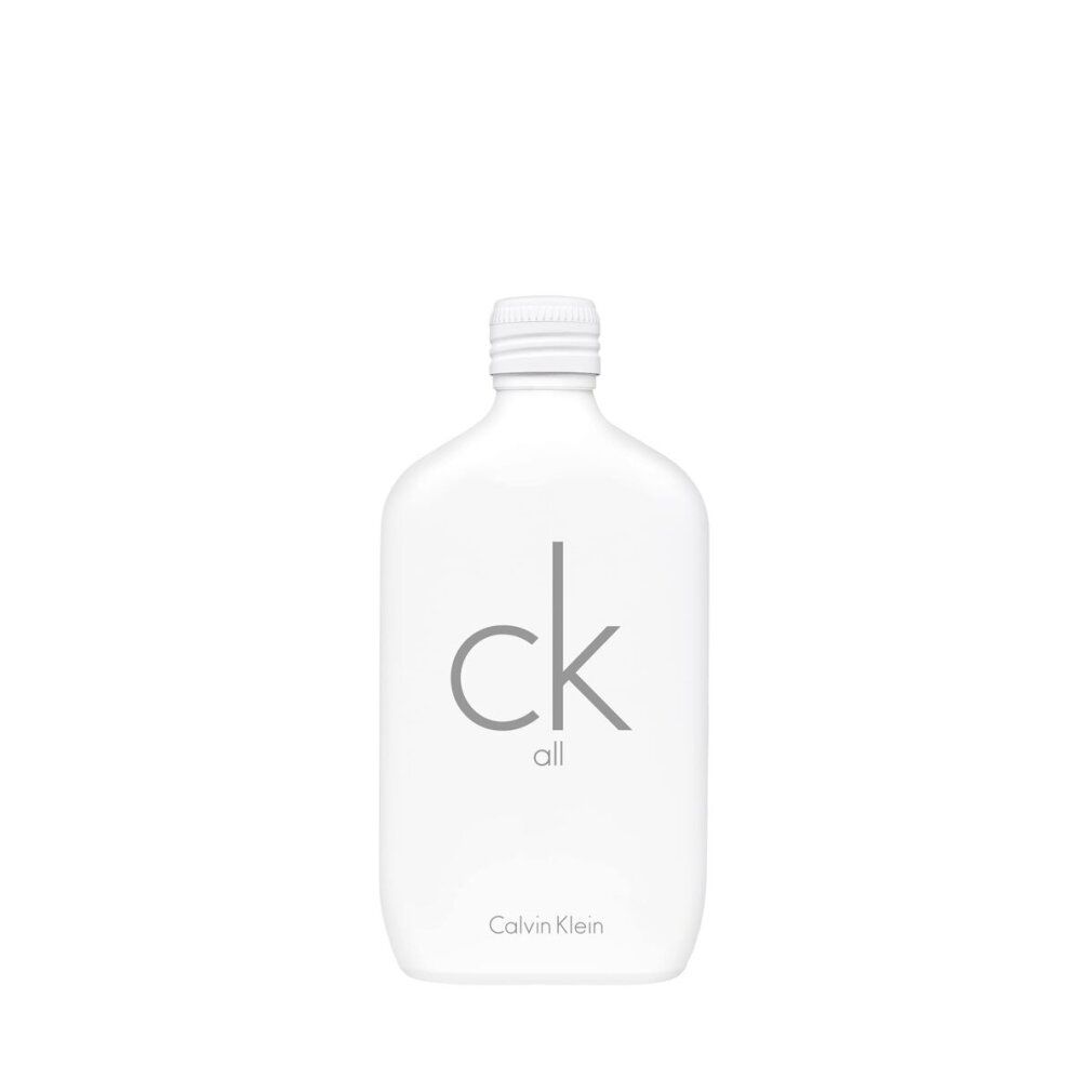 Weiße Flasche mit Aufschrift 'ck all' und 'Calvin Klein'.