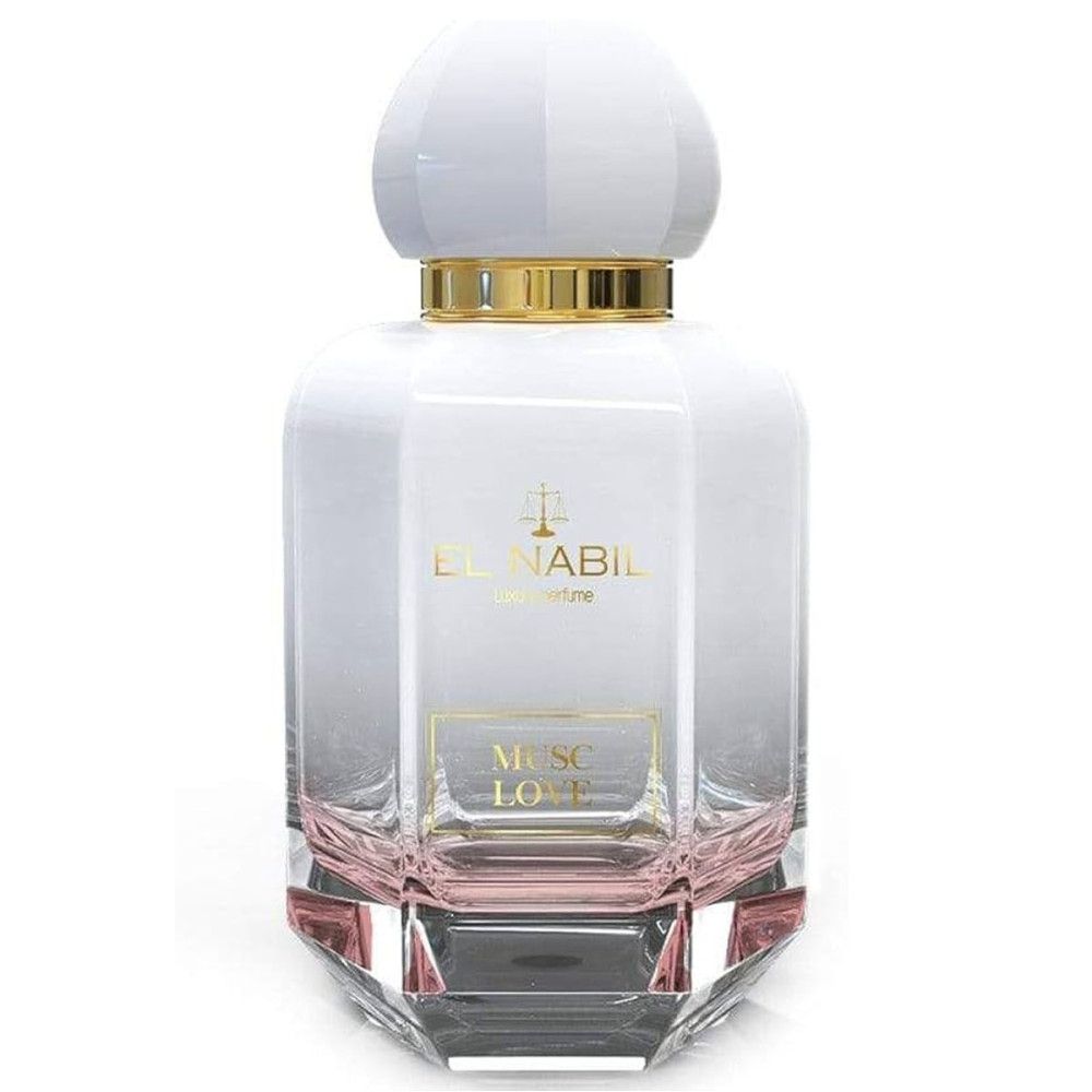 Parfümflakon mit weißem Deckel und goldfarbenem Ring. Aufschrift: El Nabil, Musc Love.