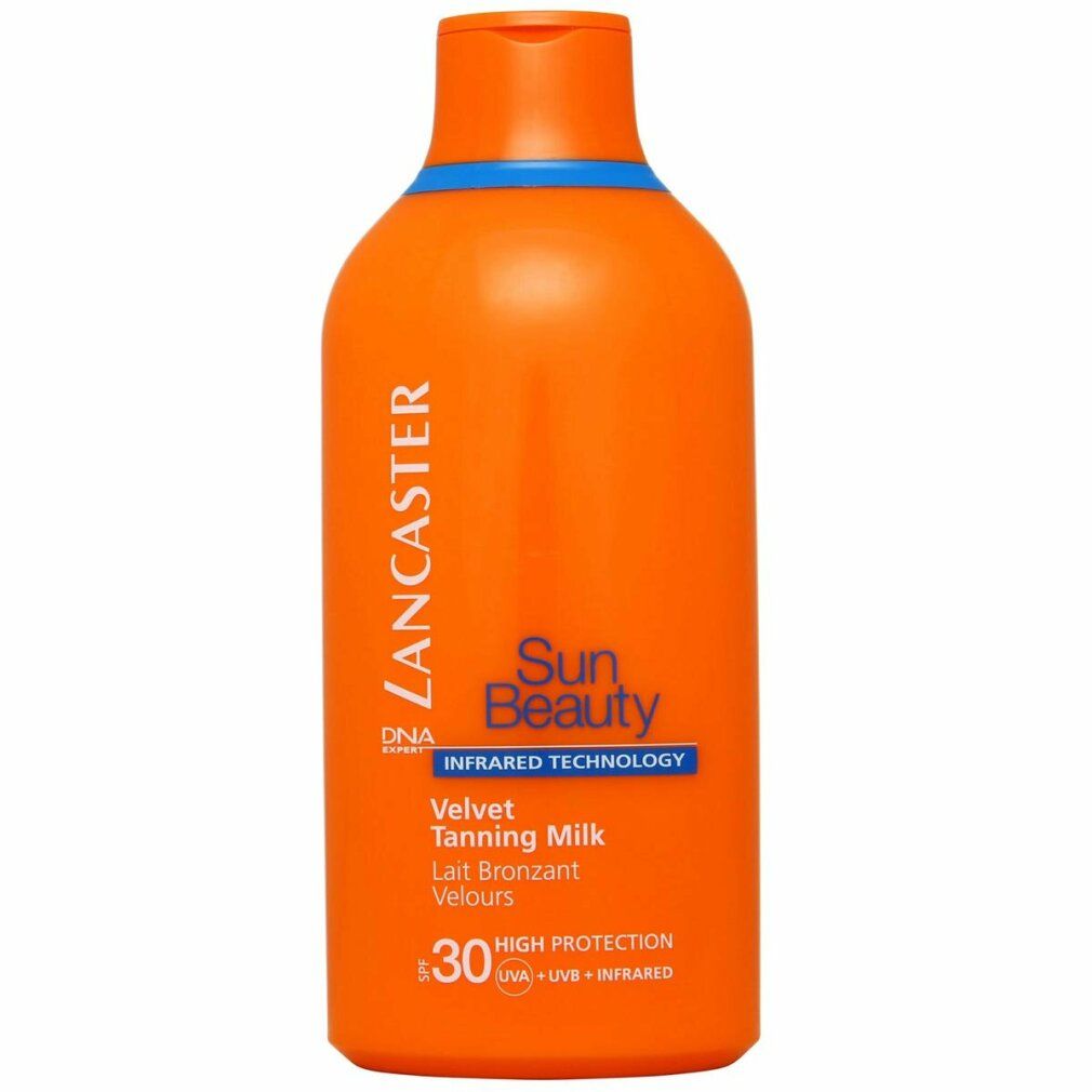 Orangefarbene Flasche mit Lancaster-Logo und Produktbezeichnung. Enthält SPF 30.