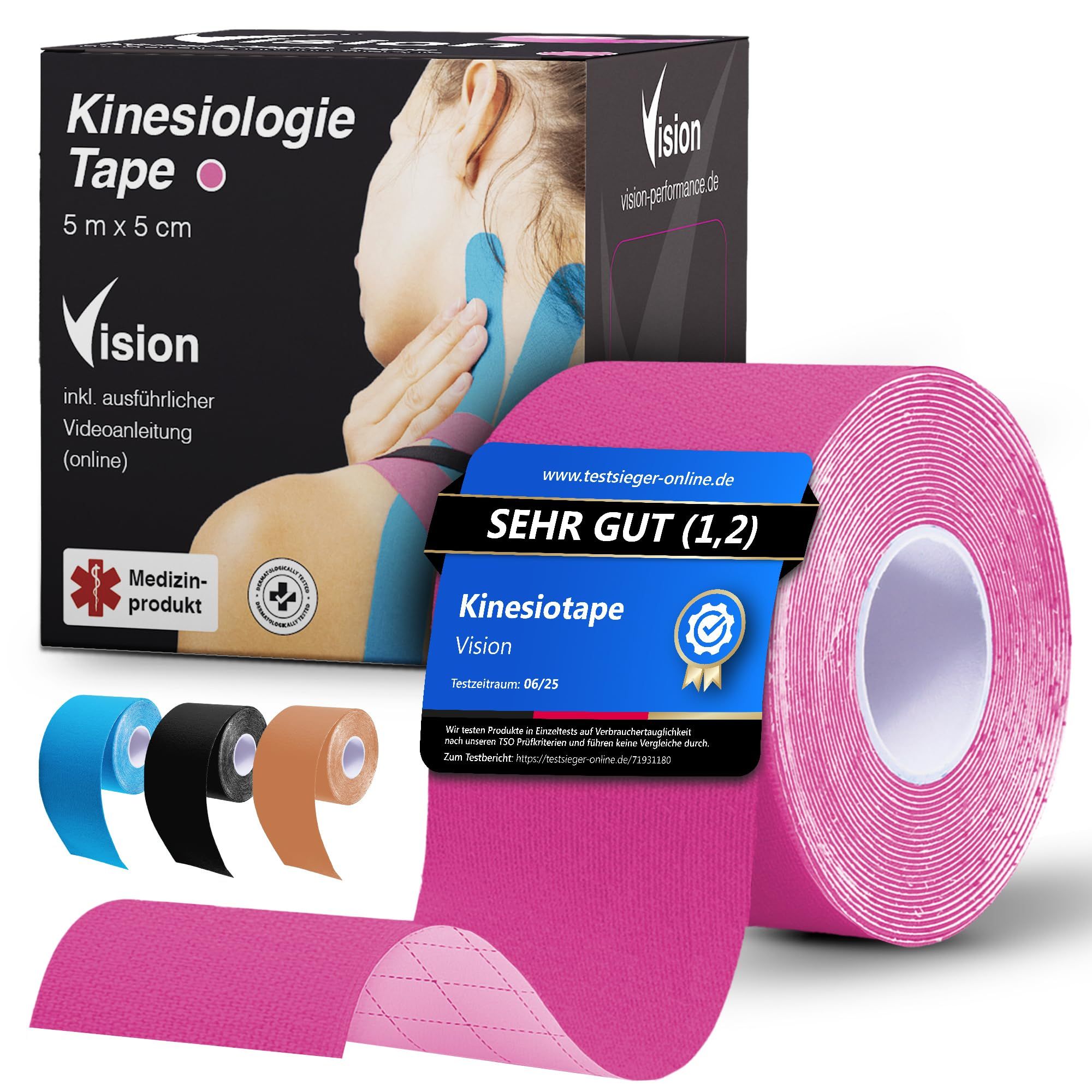 Rolle pinkfarbenes Kinesiologie Tape, 5m x 5cm. Verpackung mit Produktname und Logo. Mehrere Farbvarianten.
