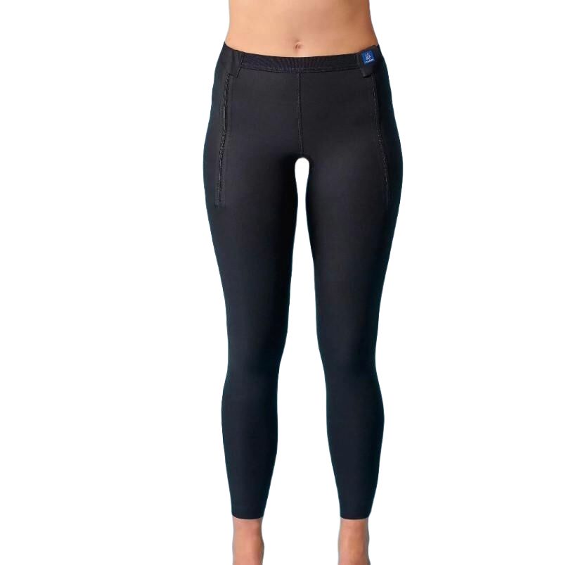 Schwarze THUASNE Kompressions-Leggings. Eng anliegend, mit seitlichen Nähten. Auf weißem Hintergrund.