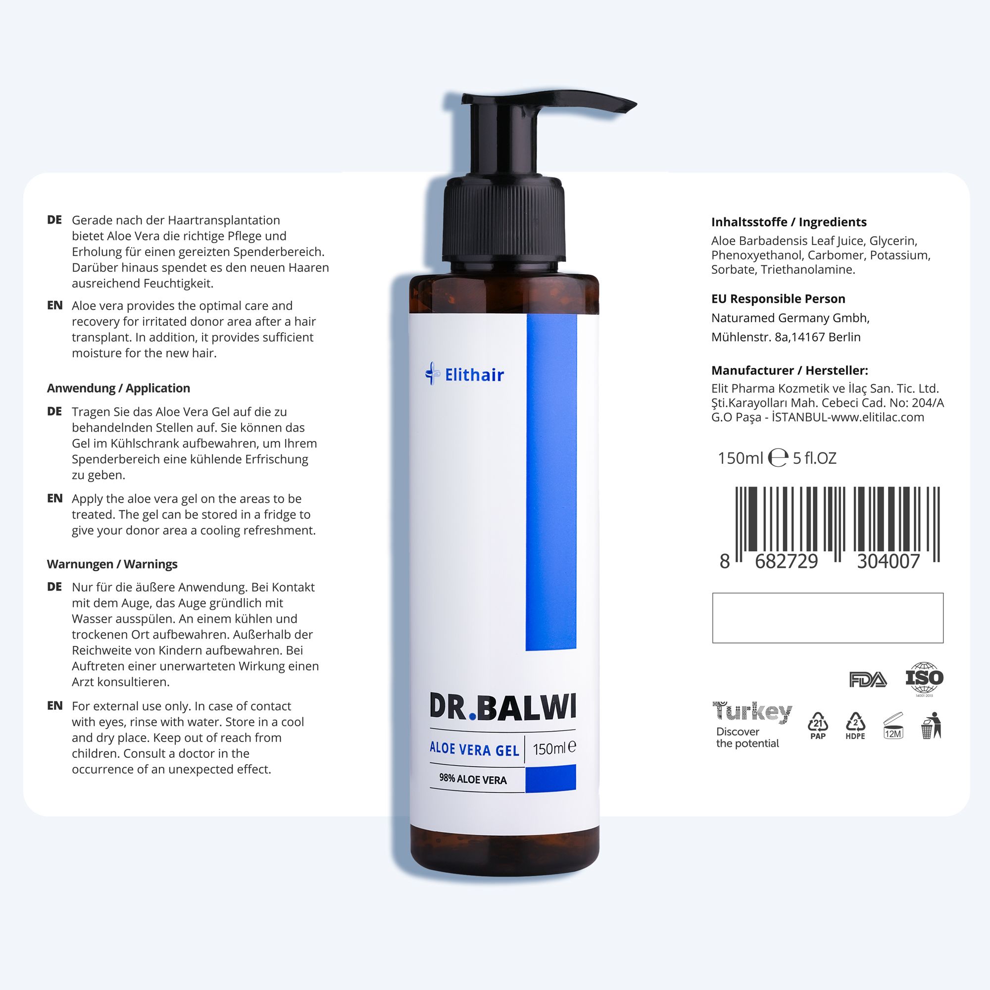 Aloe Vera Gel Flasche mit Text und Inhaltsstoffen. Aufschrift: DR.BALWI, Aloe Vera Gel, 98% Aloe Vera.