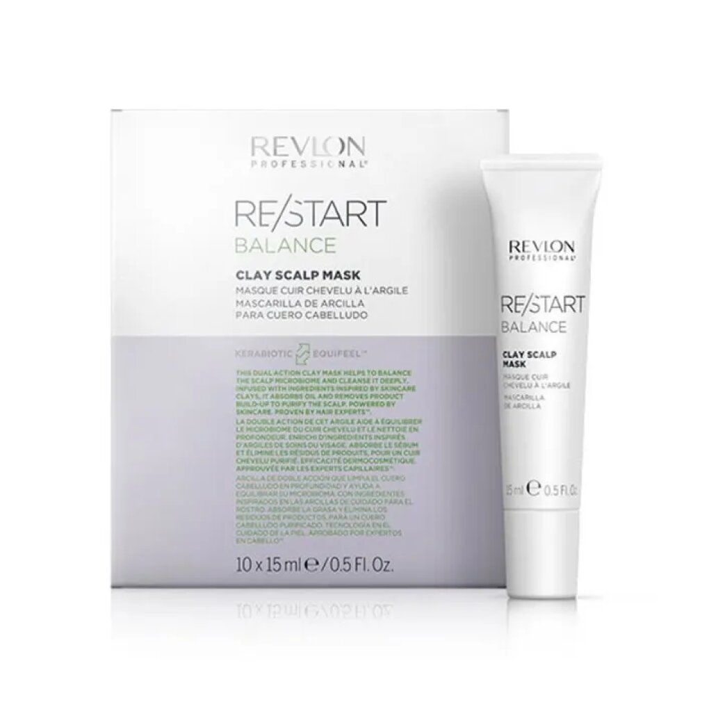 Produktverpackung mit einer Tube. Auf der Verpackung steht "Revlon Professional Re/Start Balance Clay Scalp Mask".