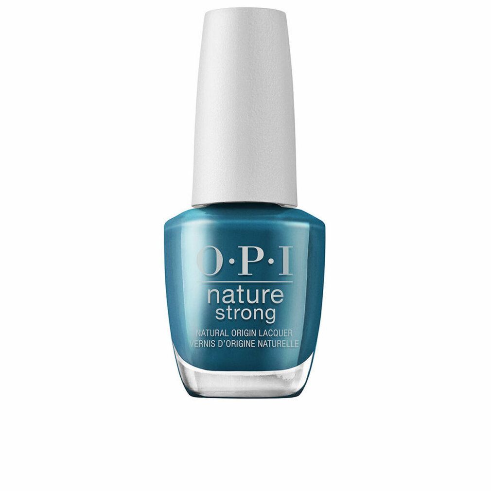 Blaugrüner Nagellackflakon mit weißem Deckel. OPI Nature Strong-Logo und Text.