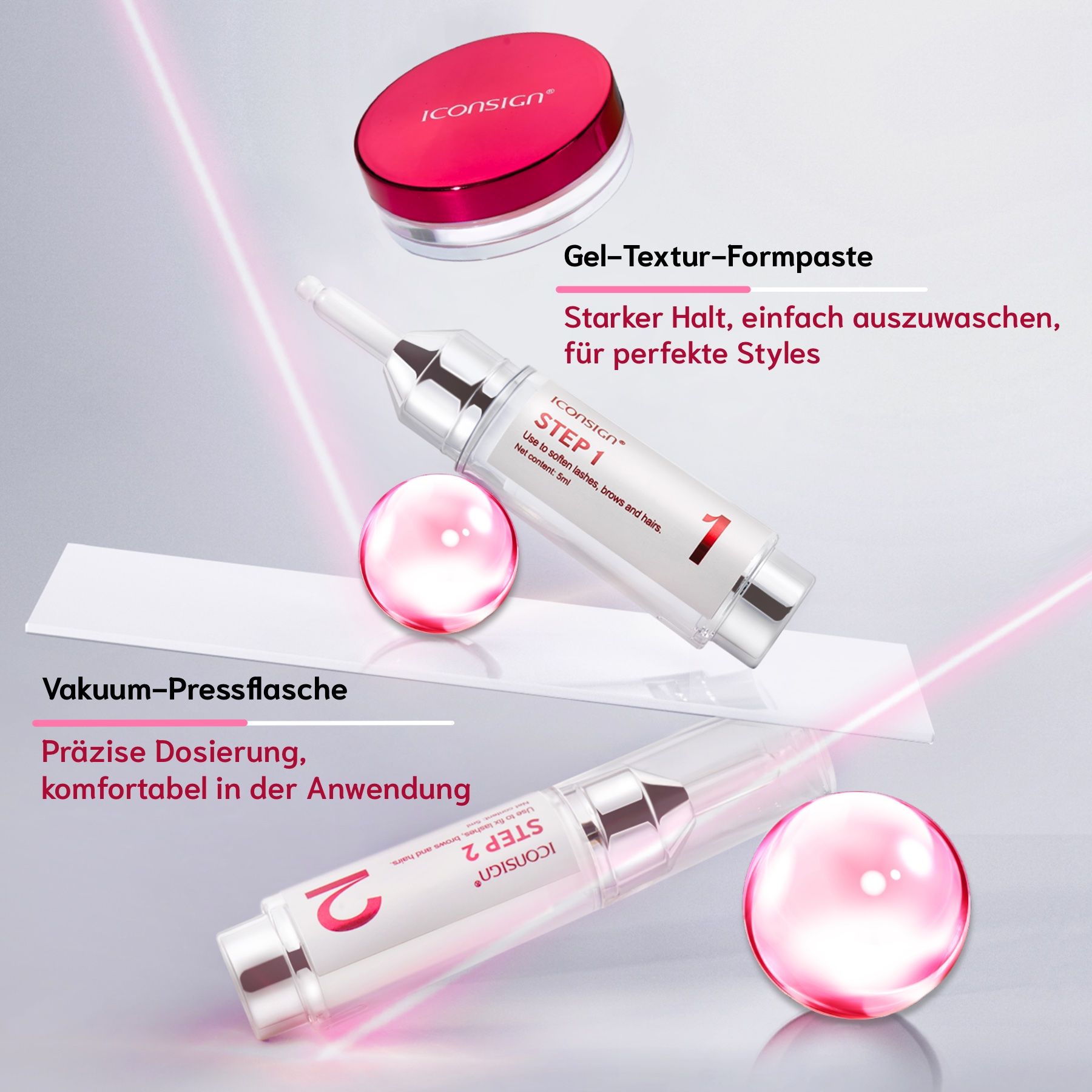 Zwei Flaschen, ein Behälter. Text: Step 1 und Step 2, Iconsign. Gel-Textur-Formpaste. Vakuum-Pressflasche. Präzise Dosierung.