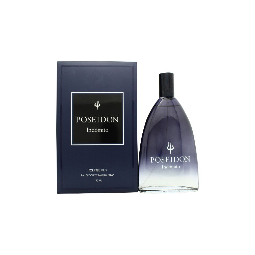 Dunkelblaue Schachtel und Flakon. Aufschrift: Poseidon Indómito. Flakon mit schwarzem Verschluss. Eau de Toilette.