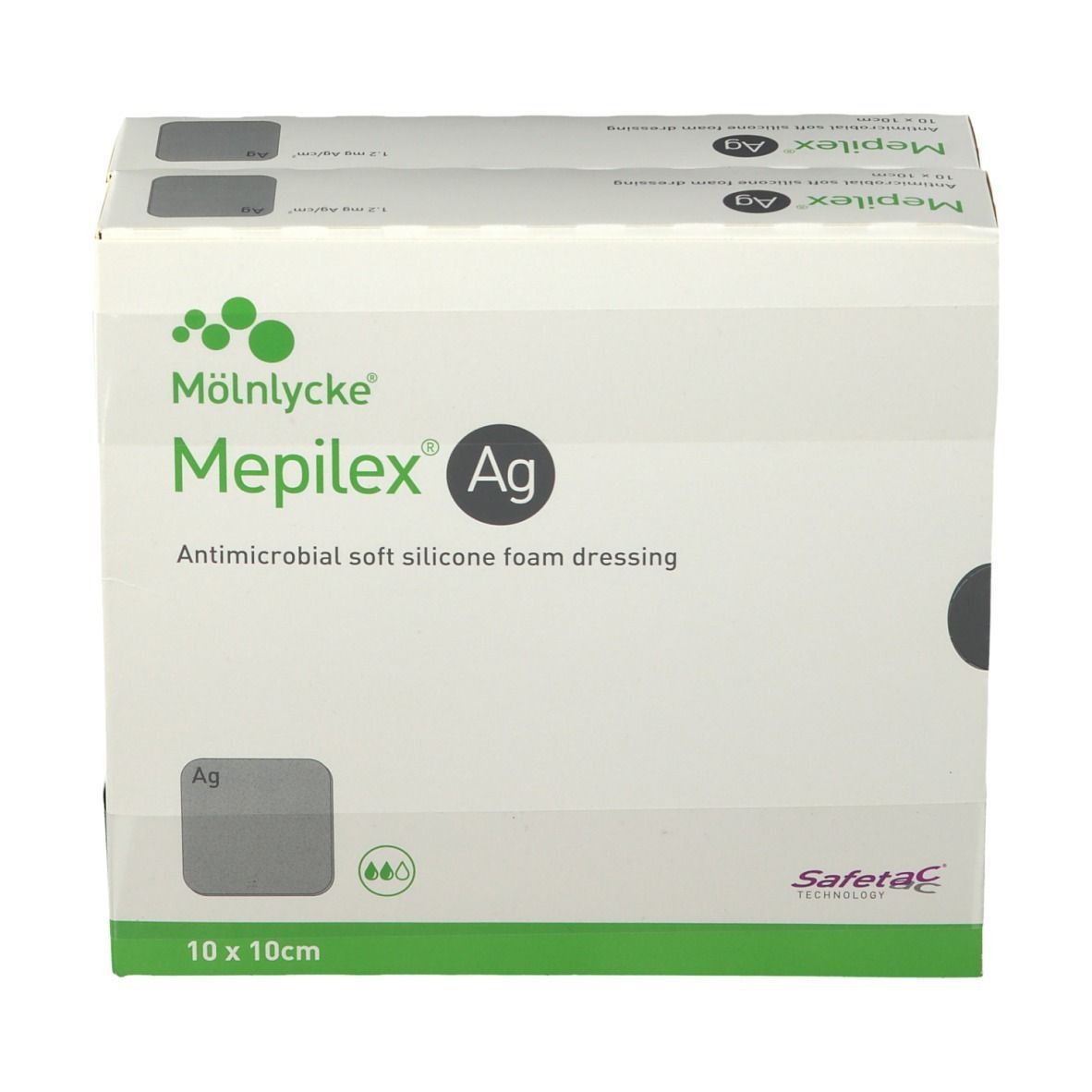 Verpackung von Mepilex Ag, antimikrobieller Silikonschaumverband. 10 x 10cm. Zwei Packungen sichtbar.