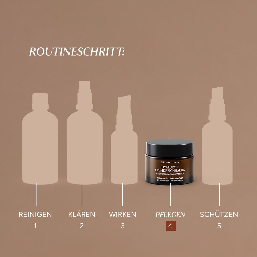 Schritt-für-Schritt-Routine. 5 Silhouetten von Produkten, Creme-Tiegel mit Text: Pflegen.