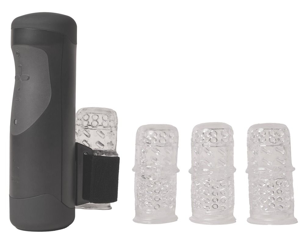 Schwarzes Gerät mit drei transparenten Zubehörteilen. Das Gerät ist mit einem Zubehörteil verbunden.